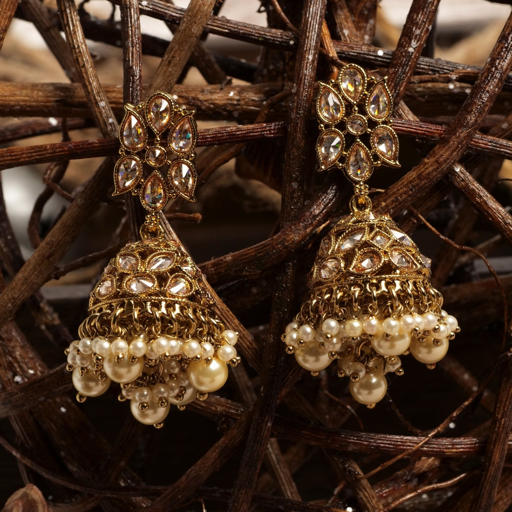 Akshara Jhumka Earrings in Pearl and Antique Gold