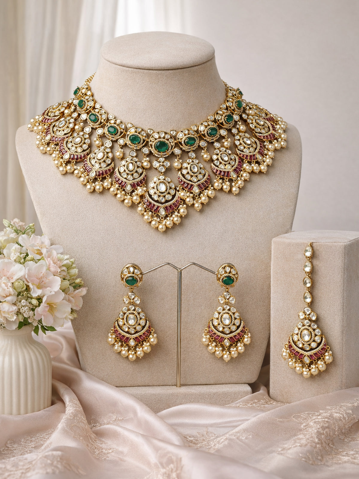 Aarshini Kundan Bridal Necklace Set in Green and Ruby