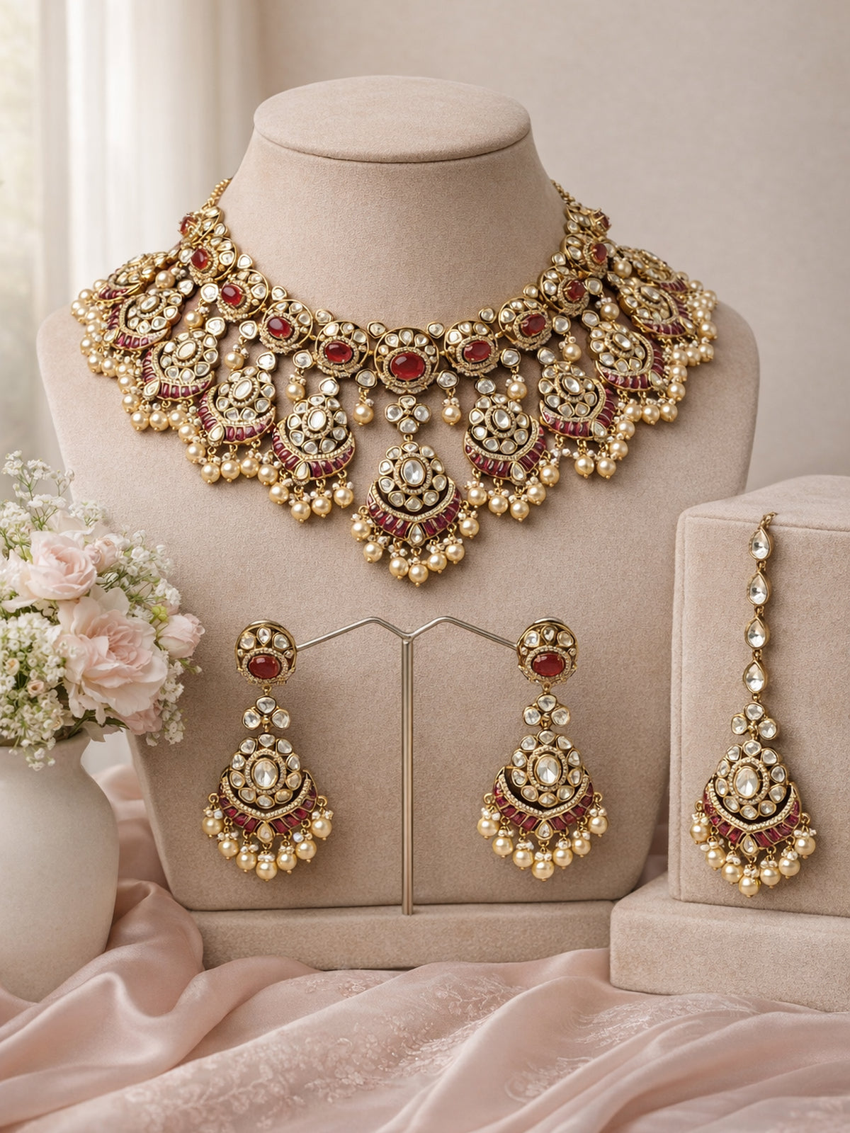 Aarshini Kundan Bridal Necklace Set in Ruby