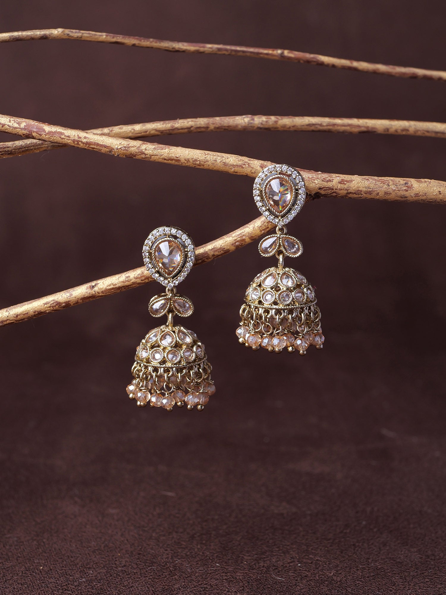 Aditi Jhumka Earrings in Champagne Bead and Antique Gold