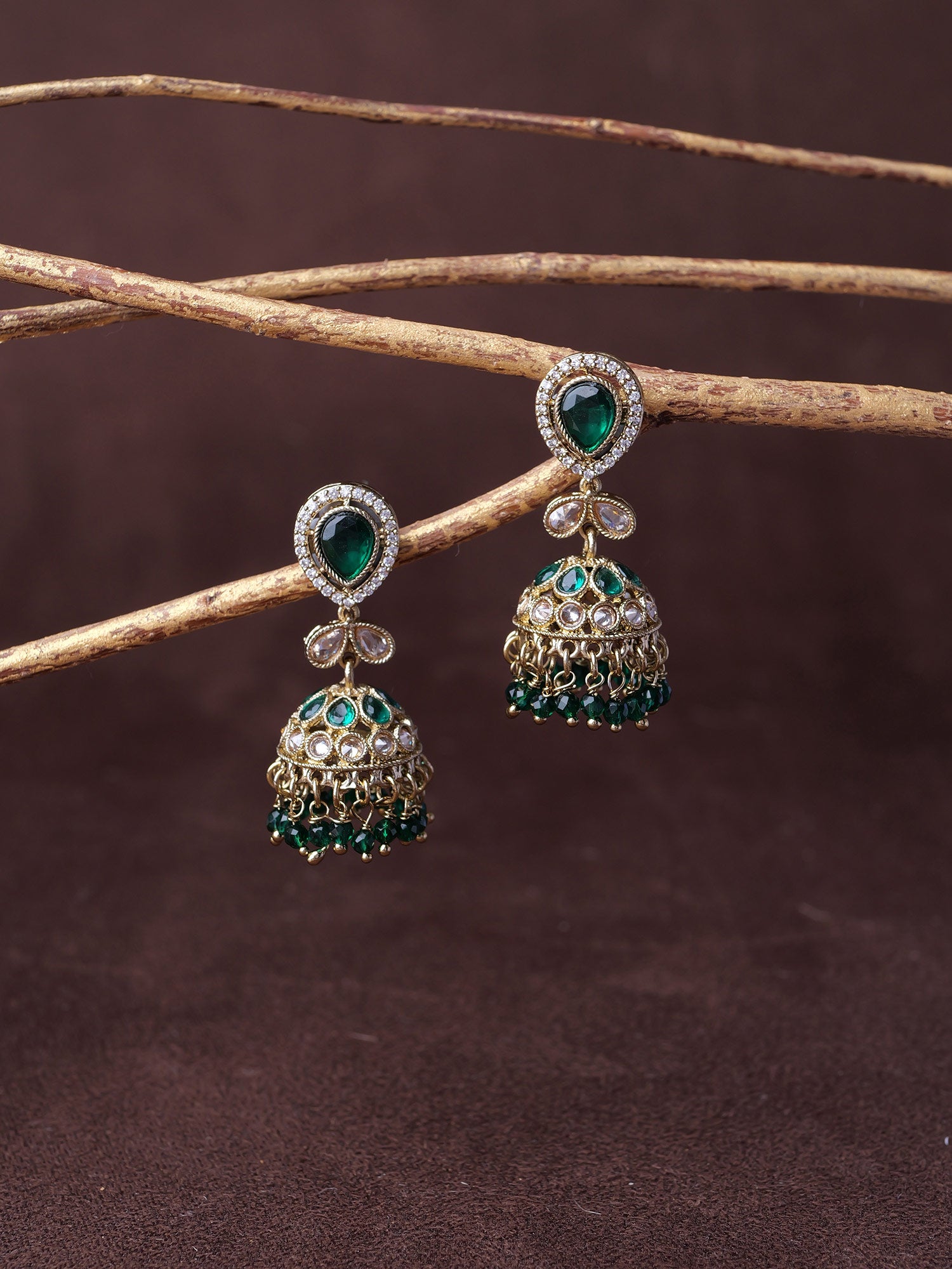 Aditi Jhumka Earrings in Green and Antique Gold