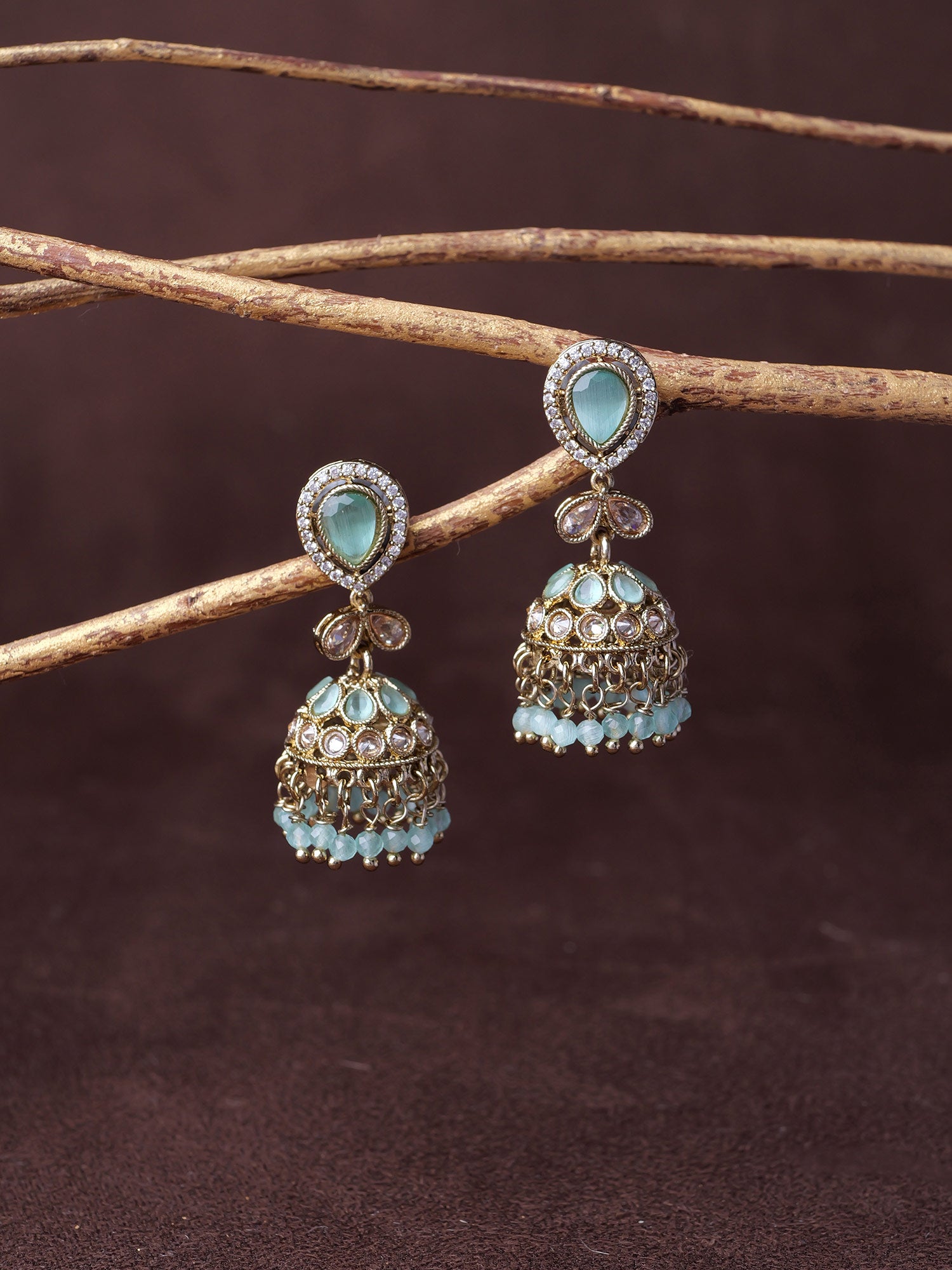 Aditi Jhumka Earrings in Light Blue and Antique Gold