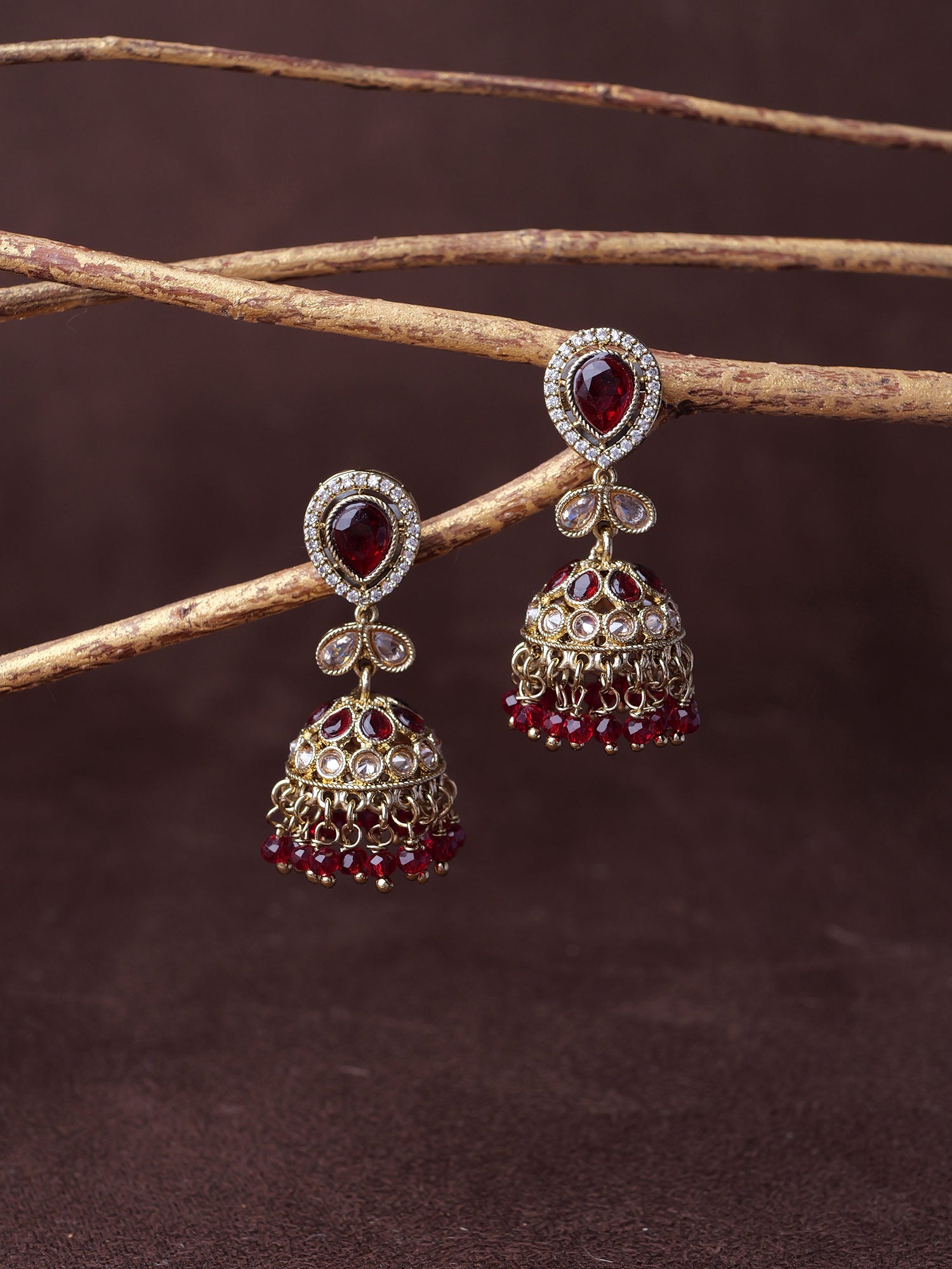 Aditi Jhumka Earrings in Maroon and Antique Gold