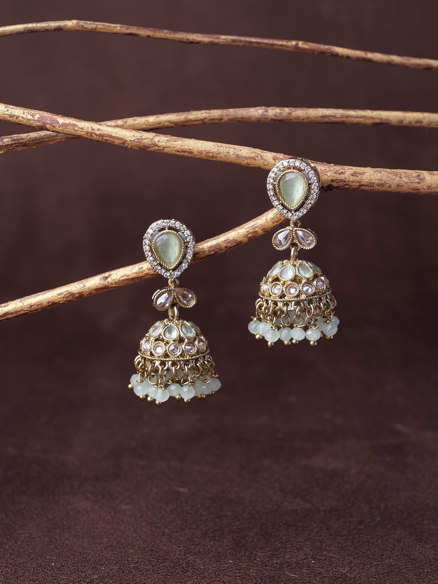 Aditi Jhumka Earrings in Mint and Antique Gold