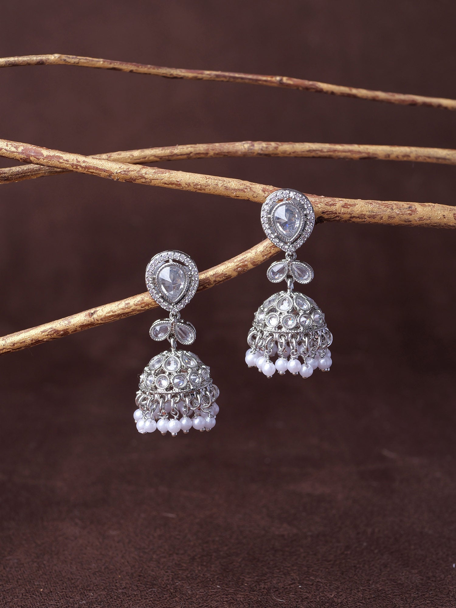 Aditi Jhumka Earrings in Pearl and Rhodium