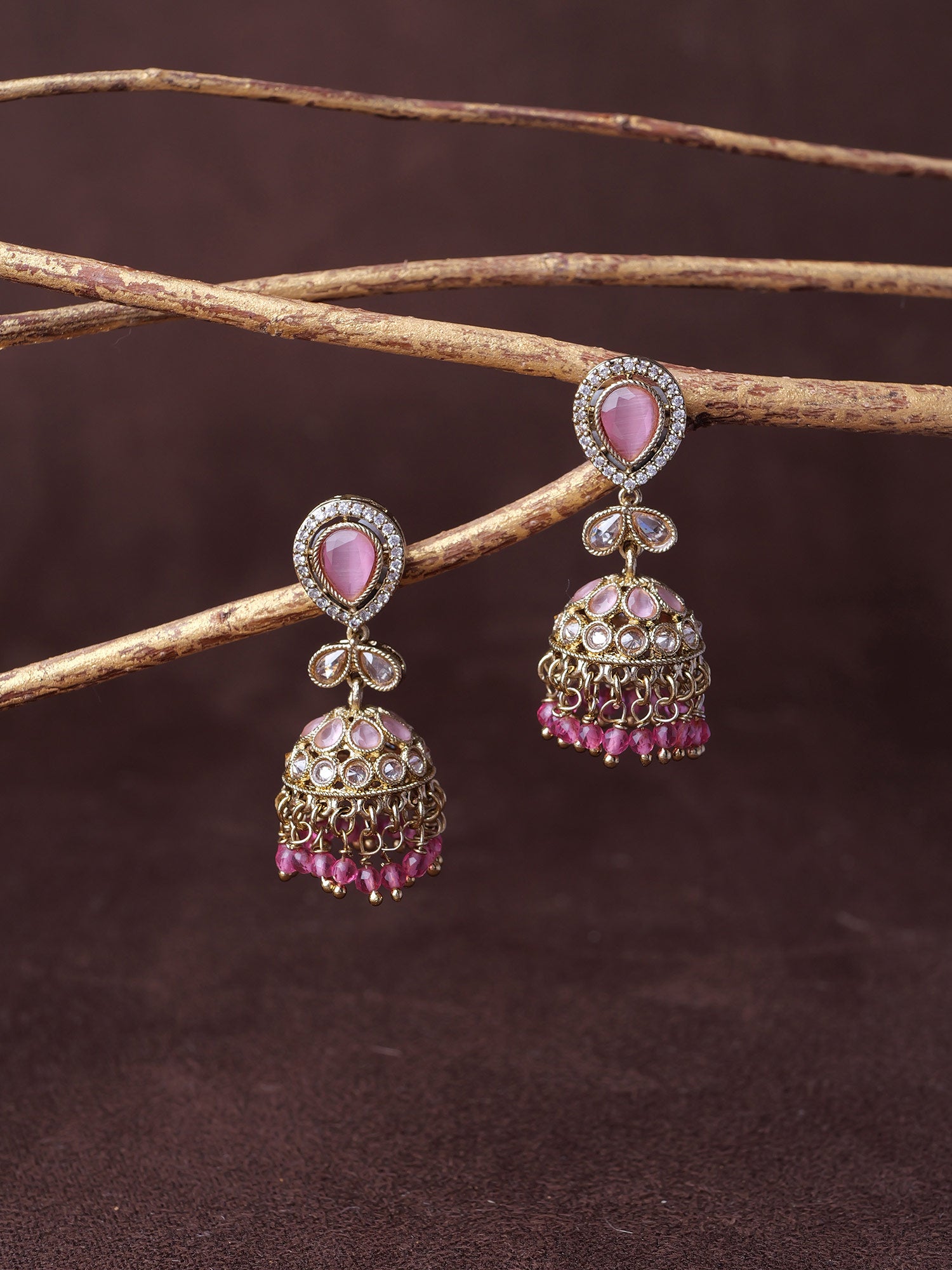 Aditi Jhumka Earrings in Pink and Antique Gold