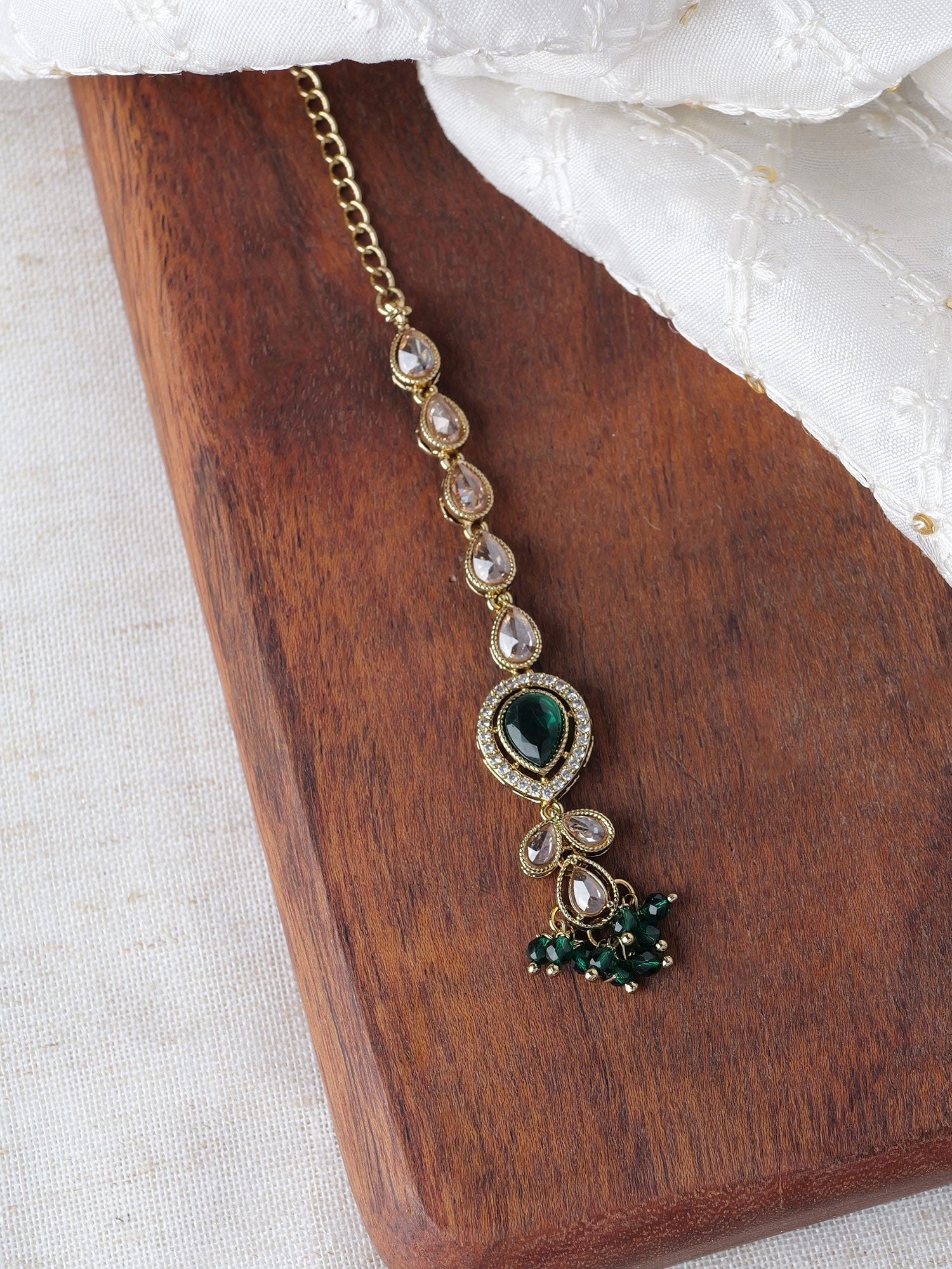 Aditi Maang Tikka in Green and Antique Gold