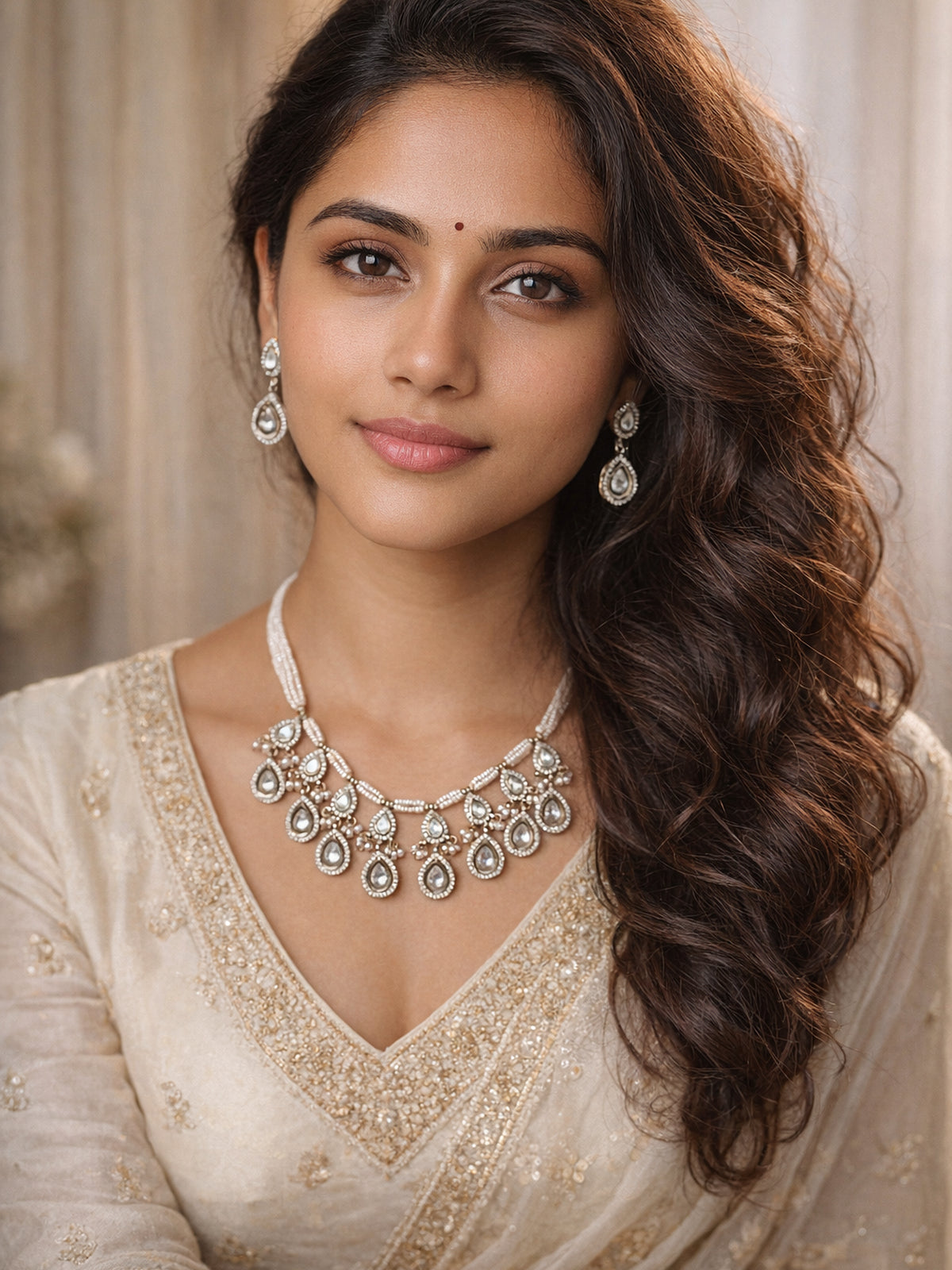 Akshara Kundan Necklace Set in White
