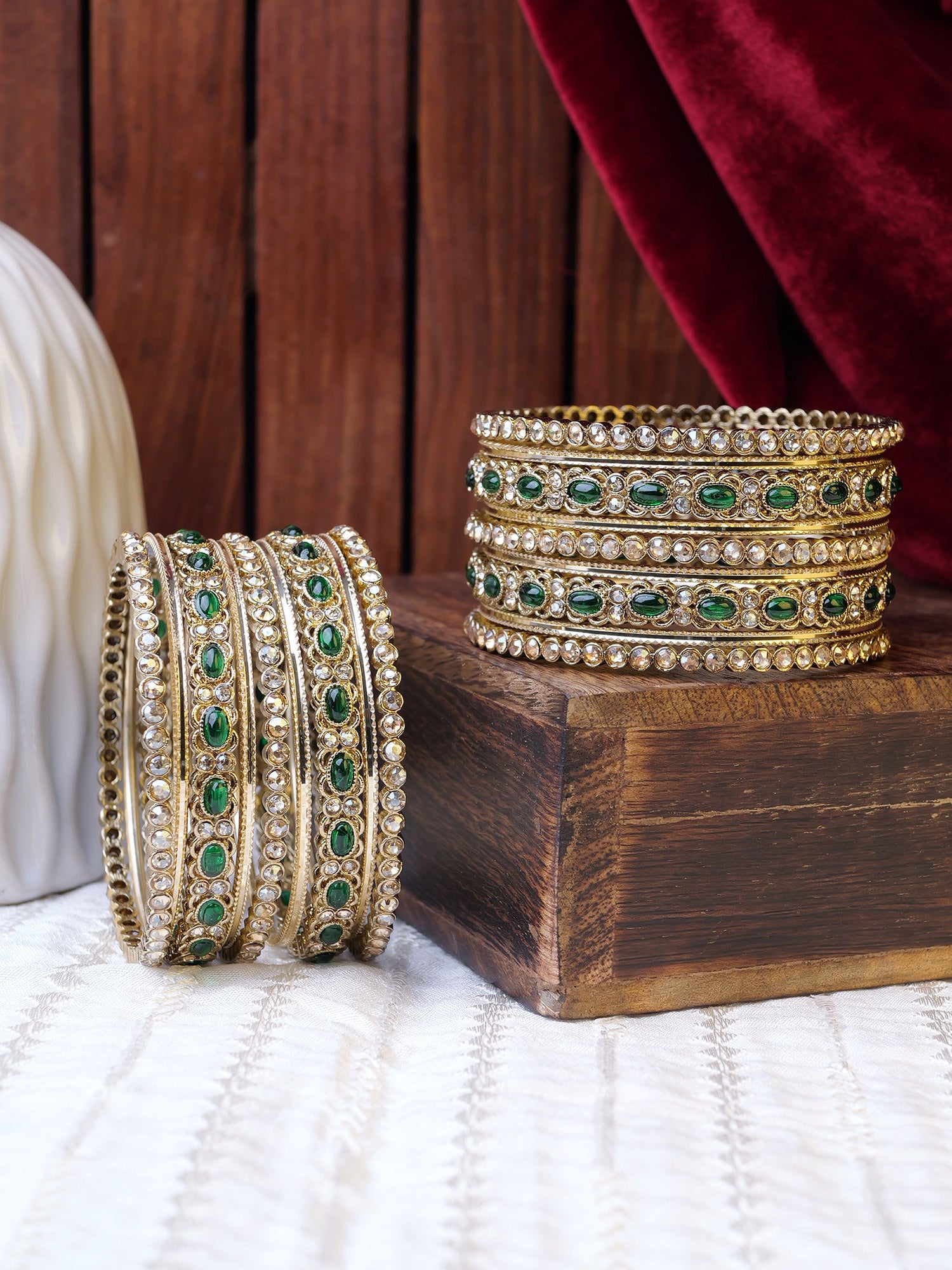 Alira Bangle Set in Green and Antique Gold