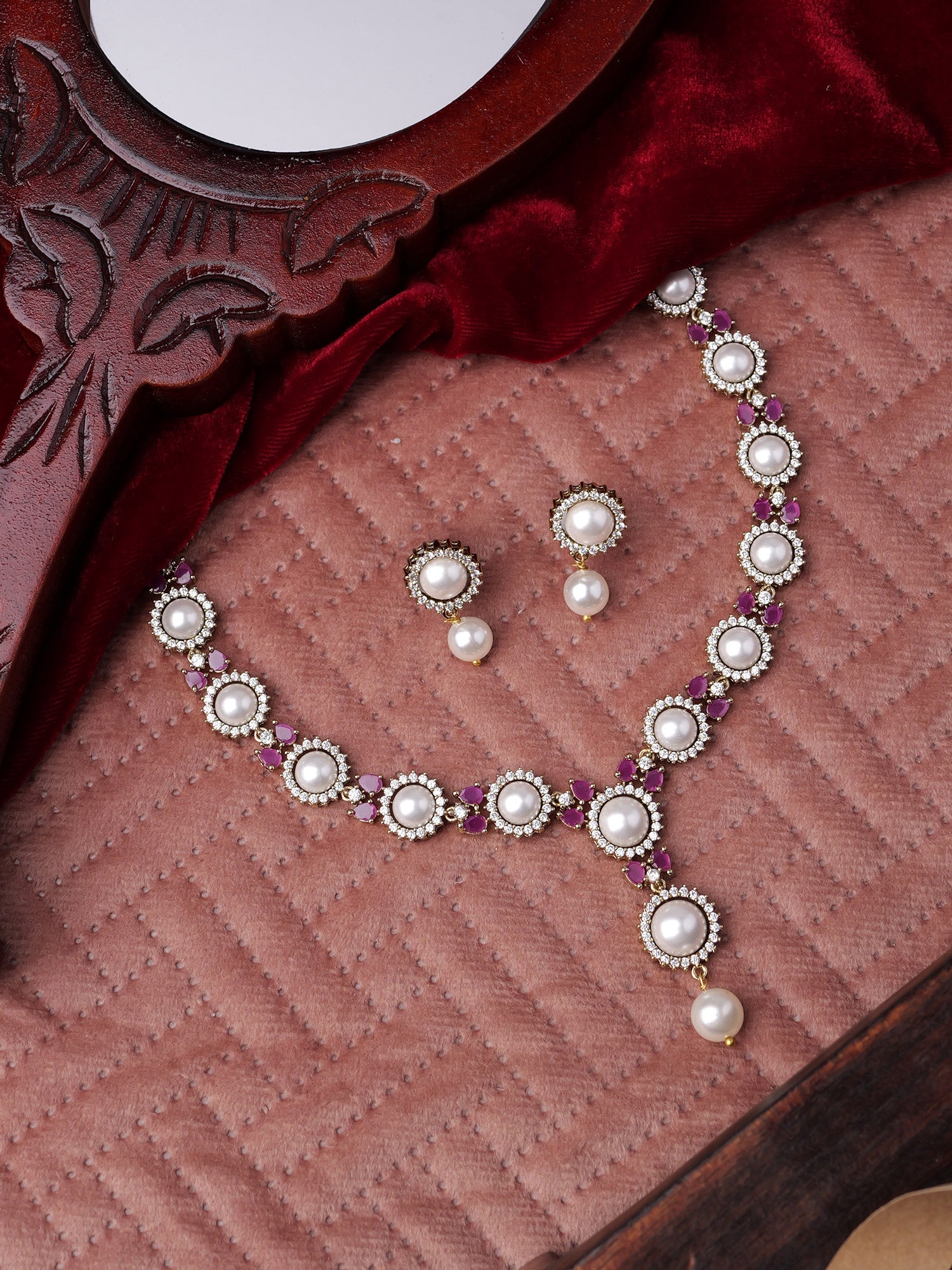 Amirah Pearl Cubic Zirconia Necklace Set in Ruby