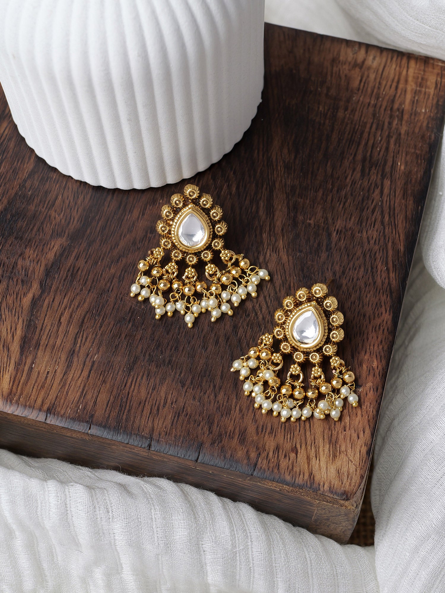 Amrit Kundan Stud Drop Earrings in White