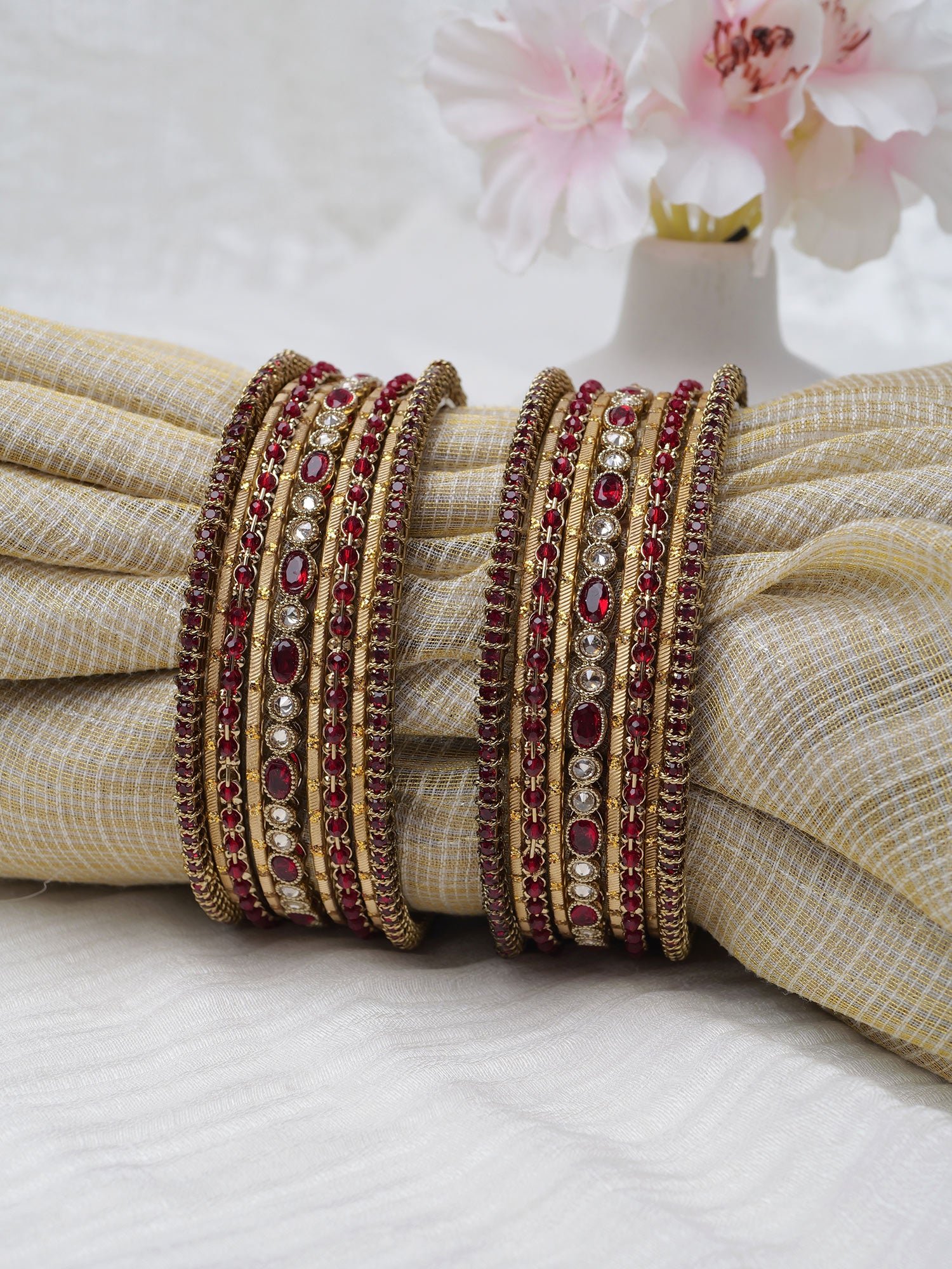 Anaya Bangle Set in Maroon and Antique Gold
