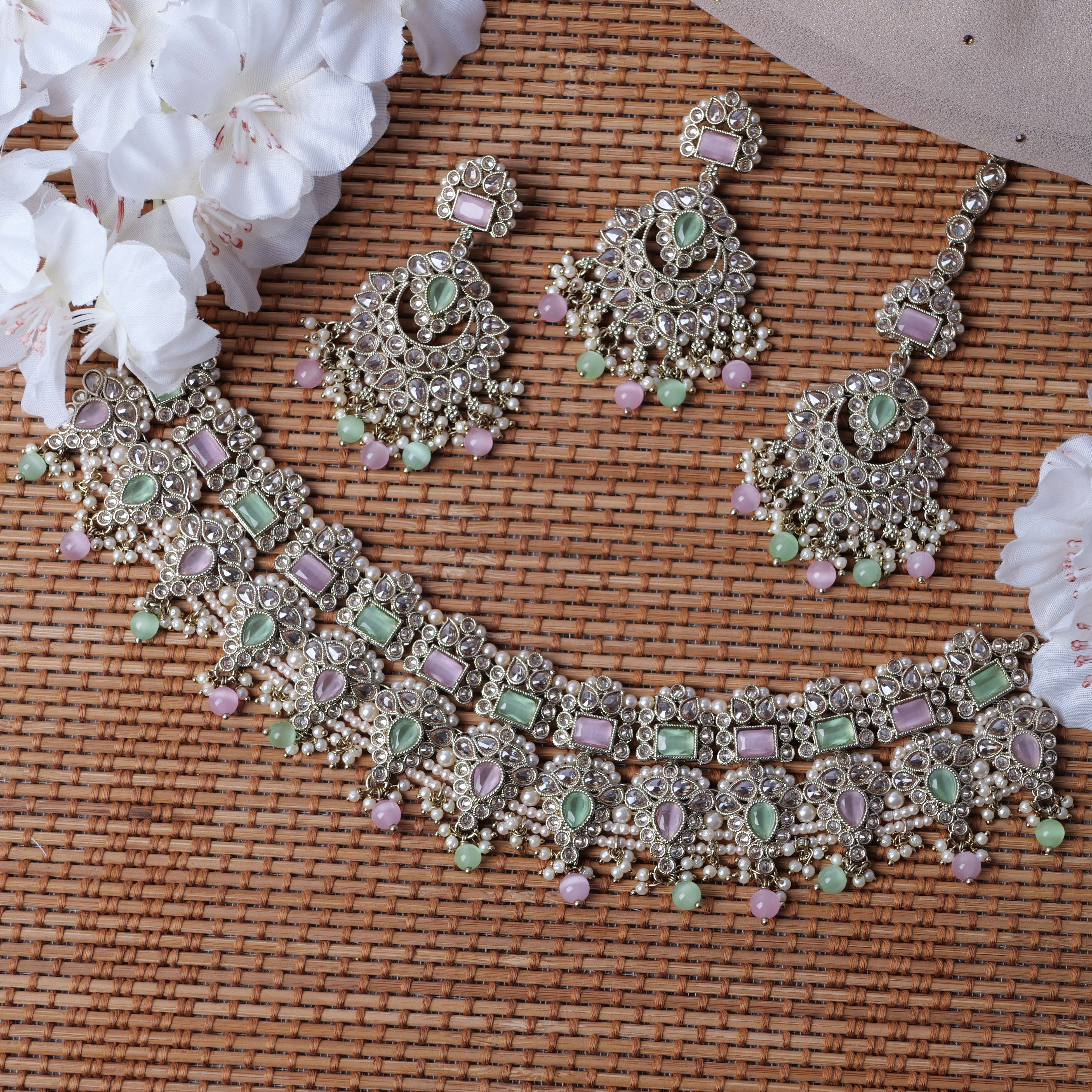 Anoushka Necklace Set in Pink and Mint