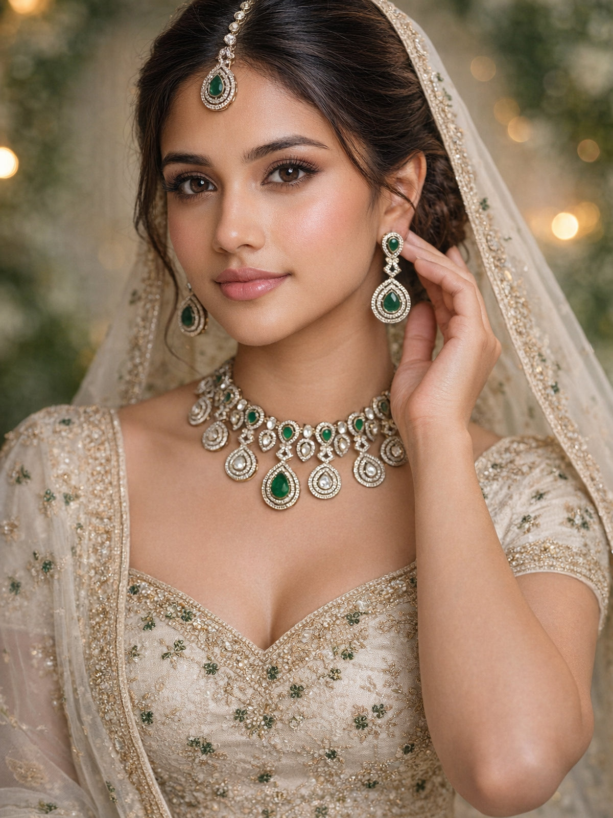 Anvitha Kundan Necklace Set in Green