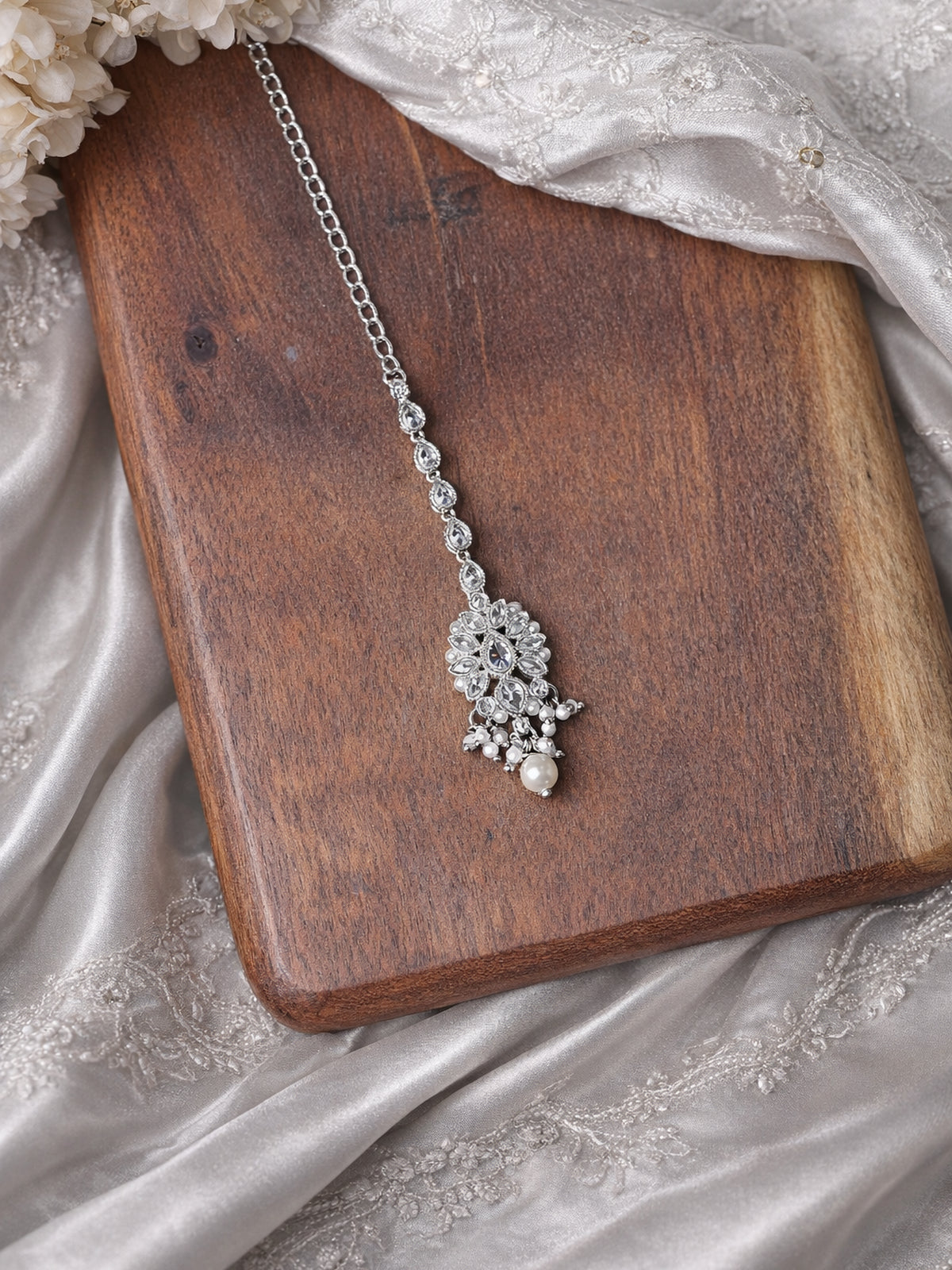 Arohi Maang Tikka in Pearl and Rhodium