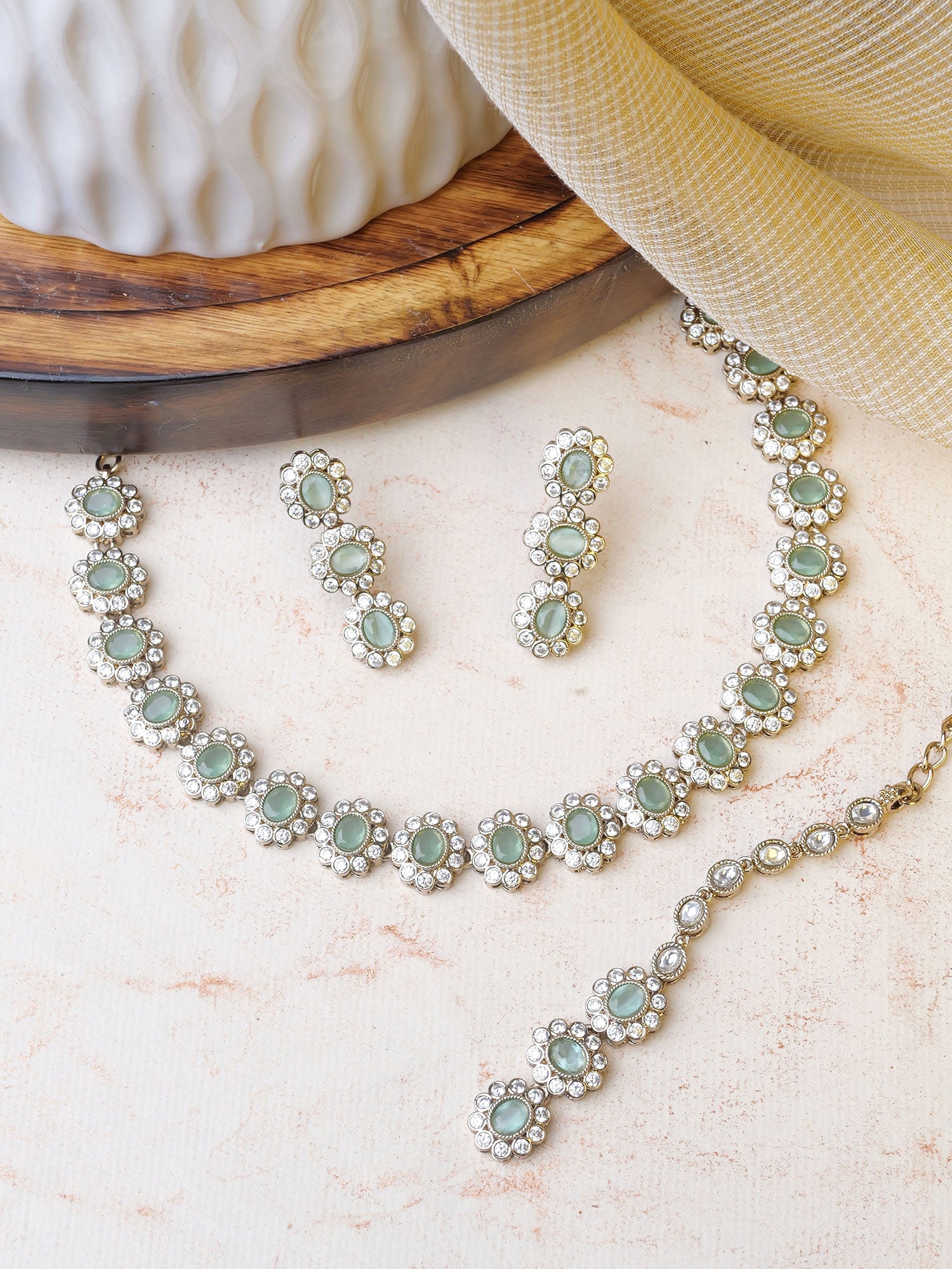 Aroshi Crystal Necklace Set in Mint and Antique Gold