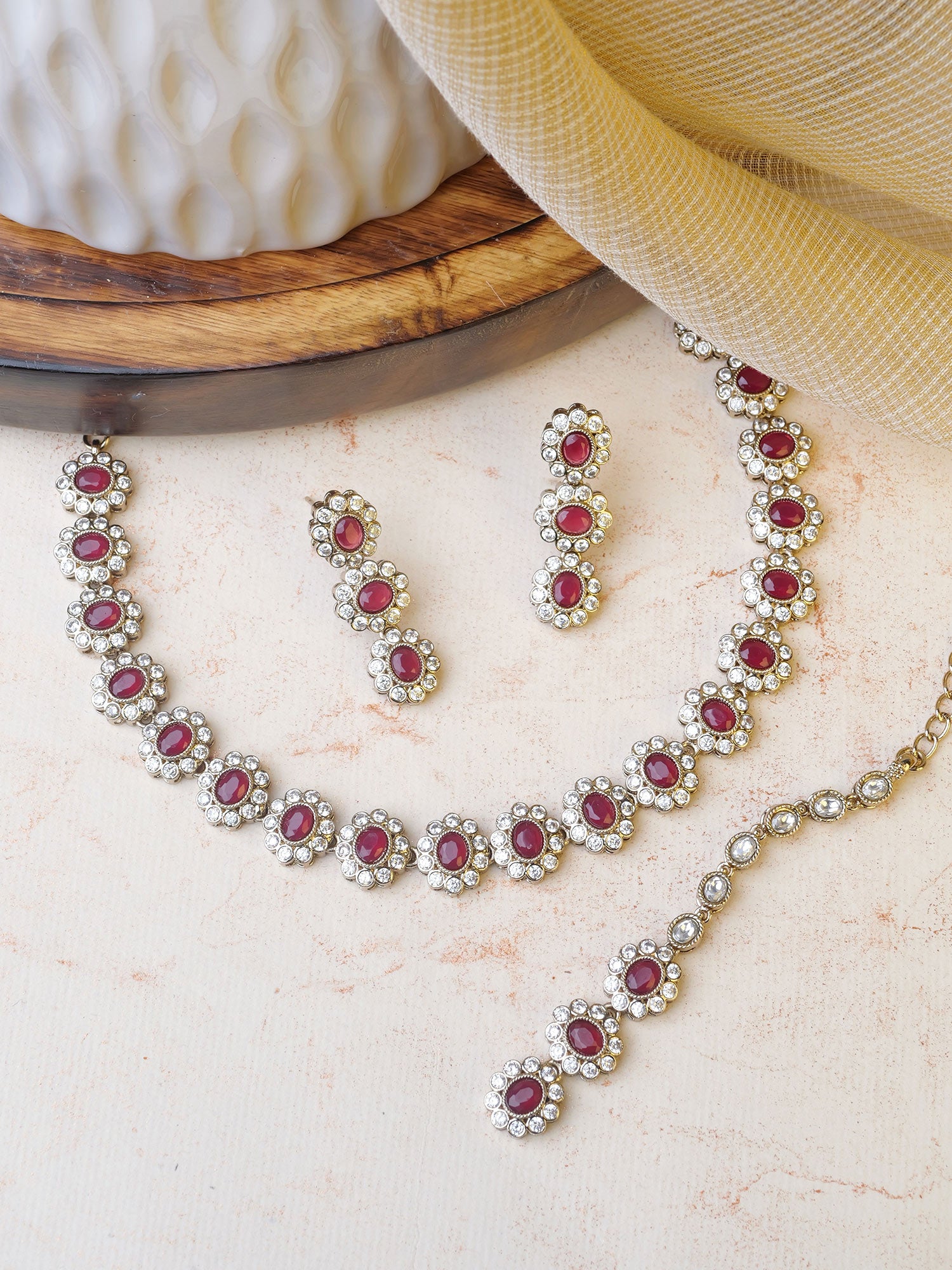 Aroshi Crystal Necklace Set in Ruby and Antique Gold