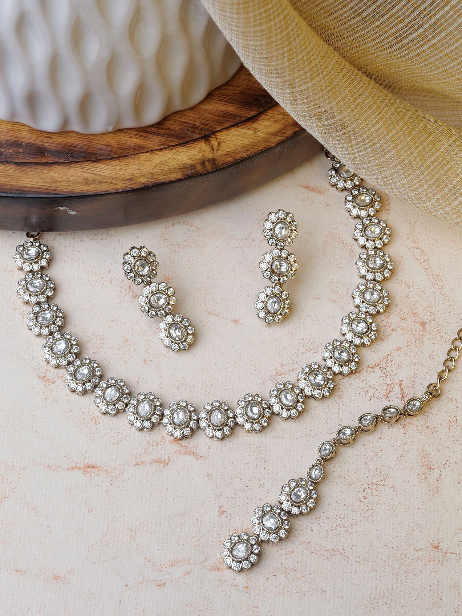 Aroshi Crystal Necklace Set in White and Antique Gold