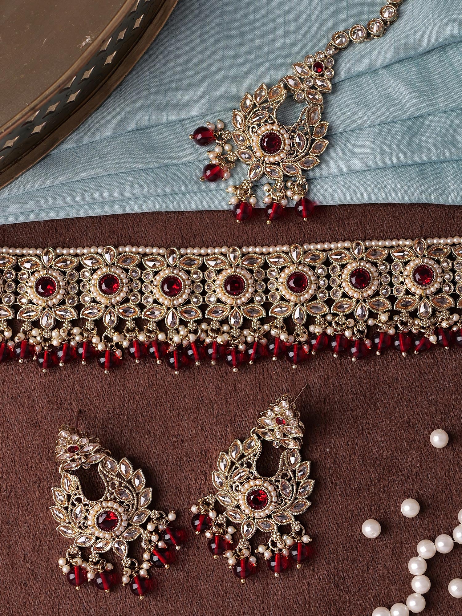 Ayushi Choker Set in Maroon and Antique Gold