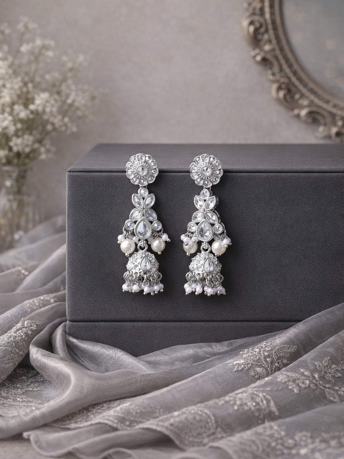 Ayushi Jhumka Earrings in Rhodium