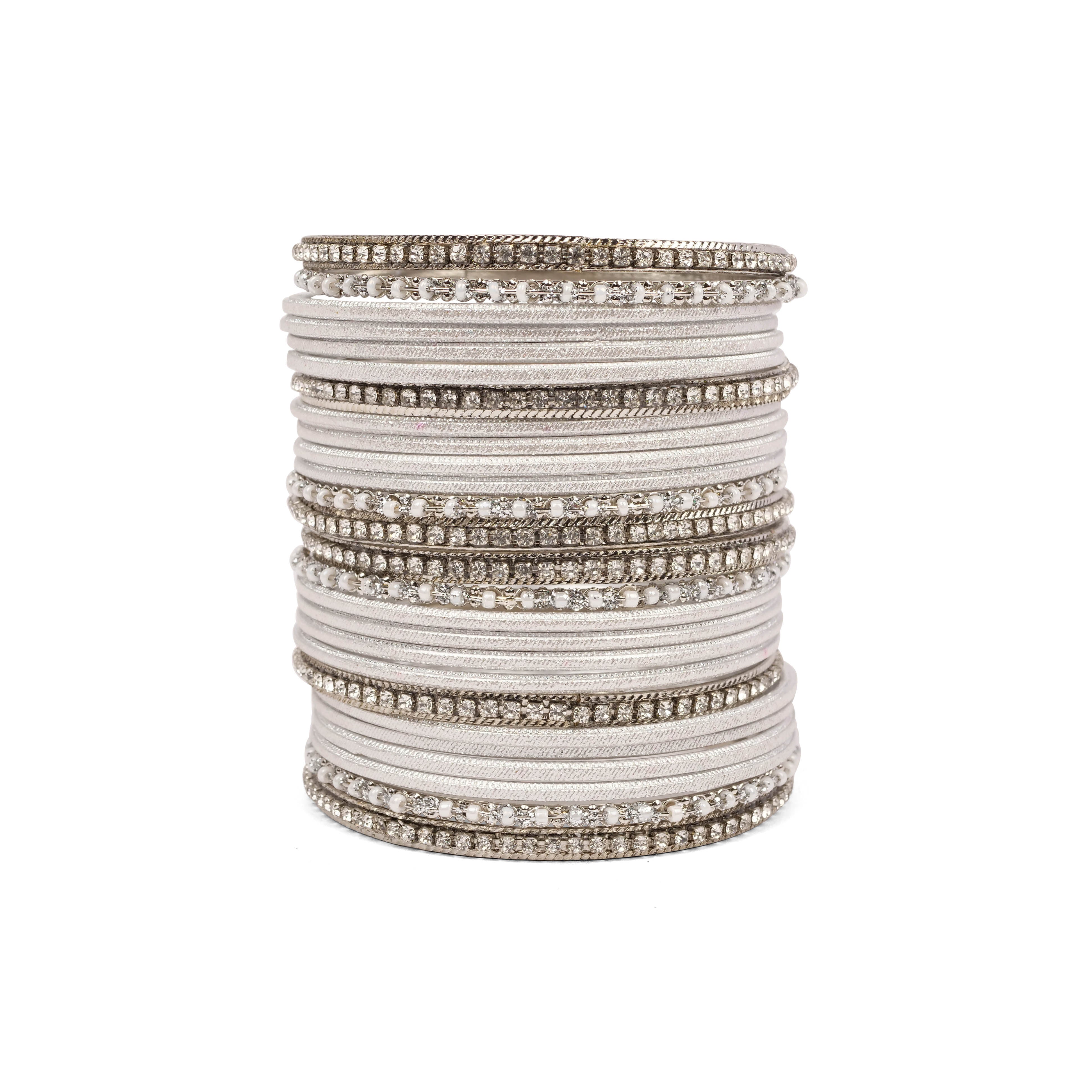 White and Rhodium Shimmer Bangle Set 