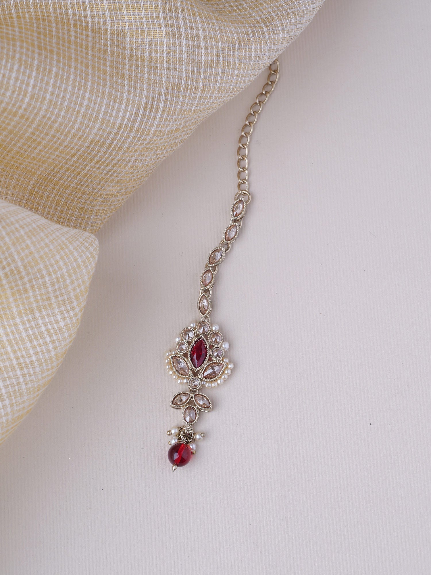 Bhavini Maang Tikka in Pearl and Maroon