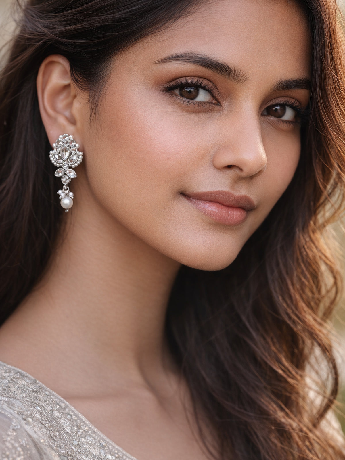 Bhavini Earrings in Pearl and Rhodium