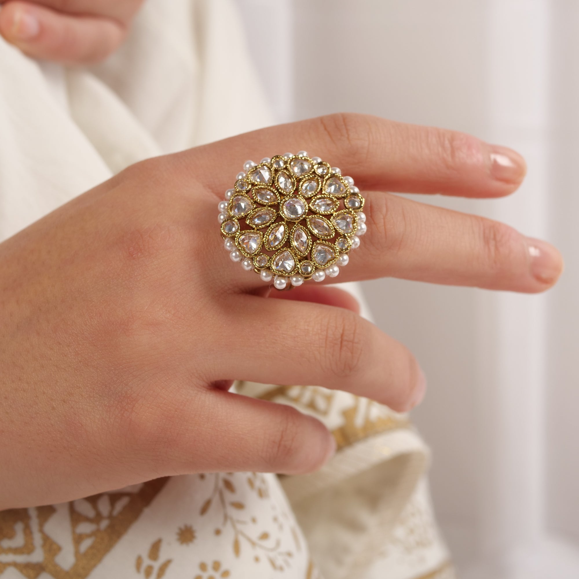 Classic Floral Oversized Ring in Pearl and Antique Gold