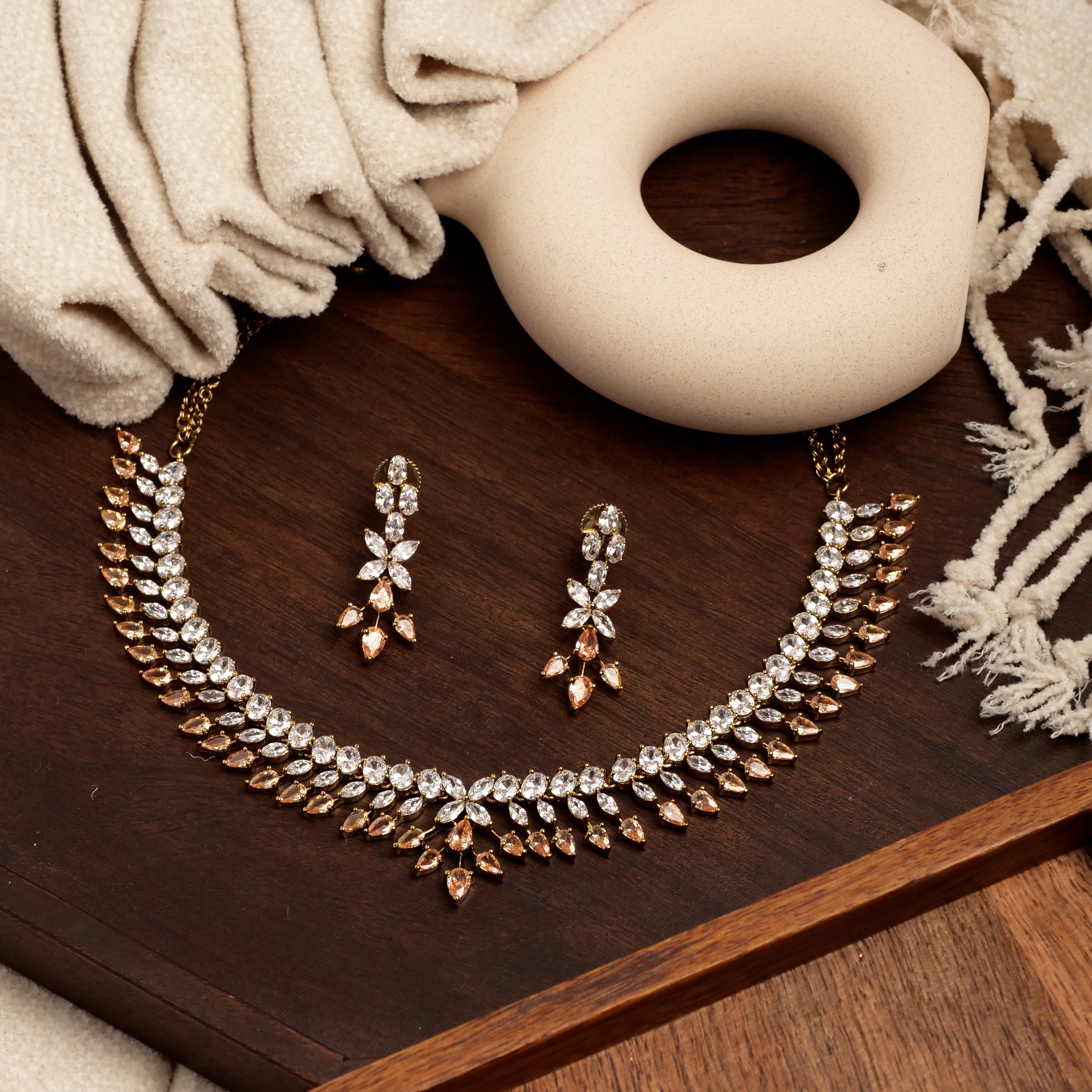 Sophia Leaf Cubic Zirconia Necklace Set in Light Topaz