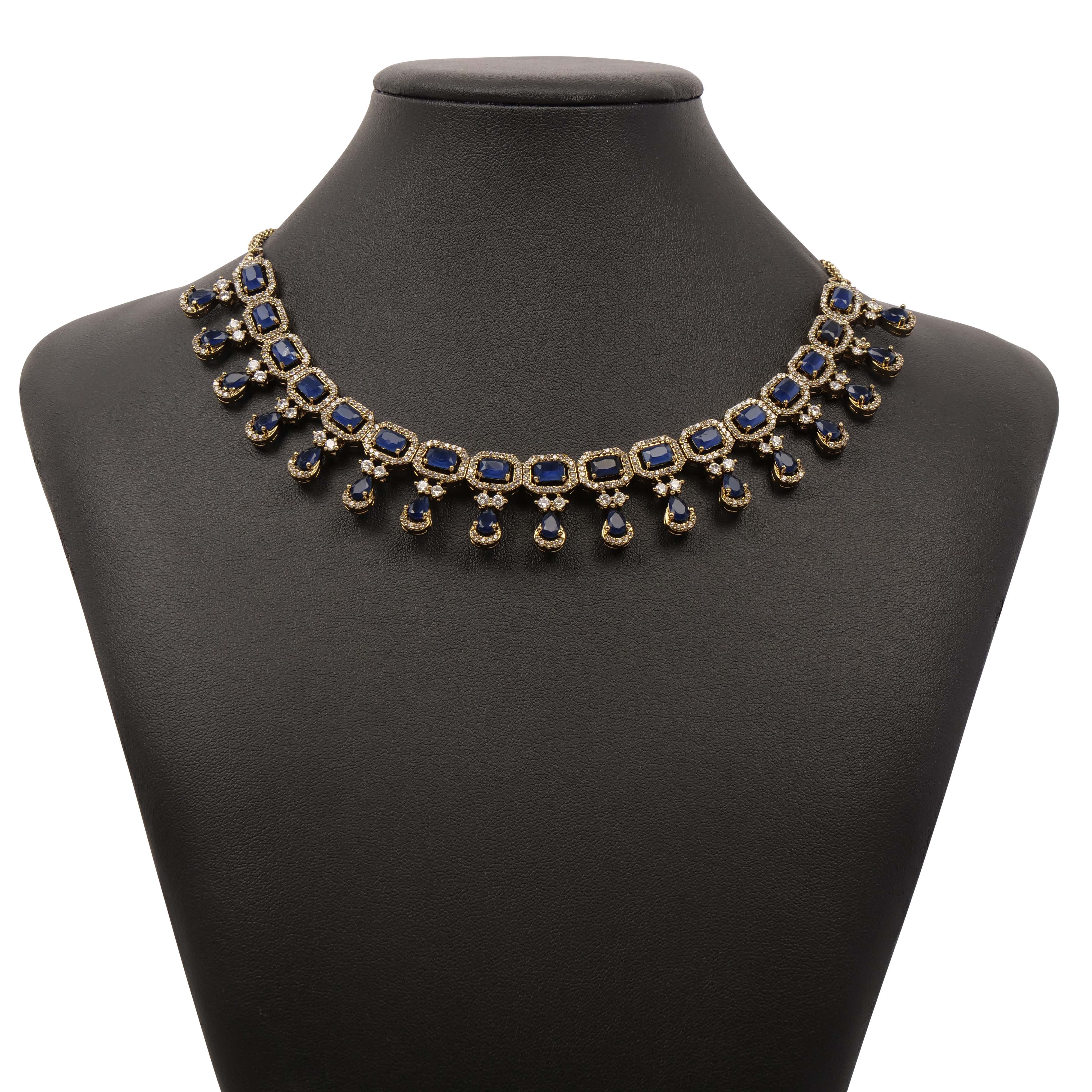 Square Halo Cubic Zirconia Necklace Set in Blue