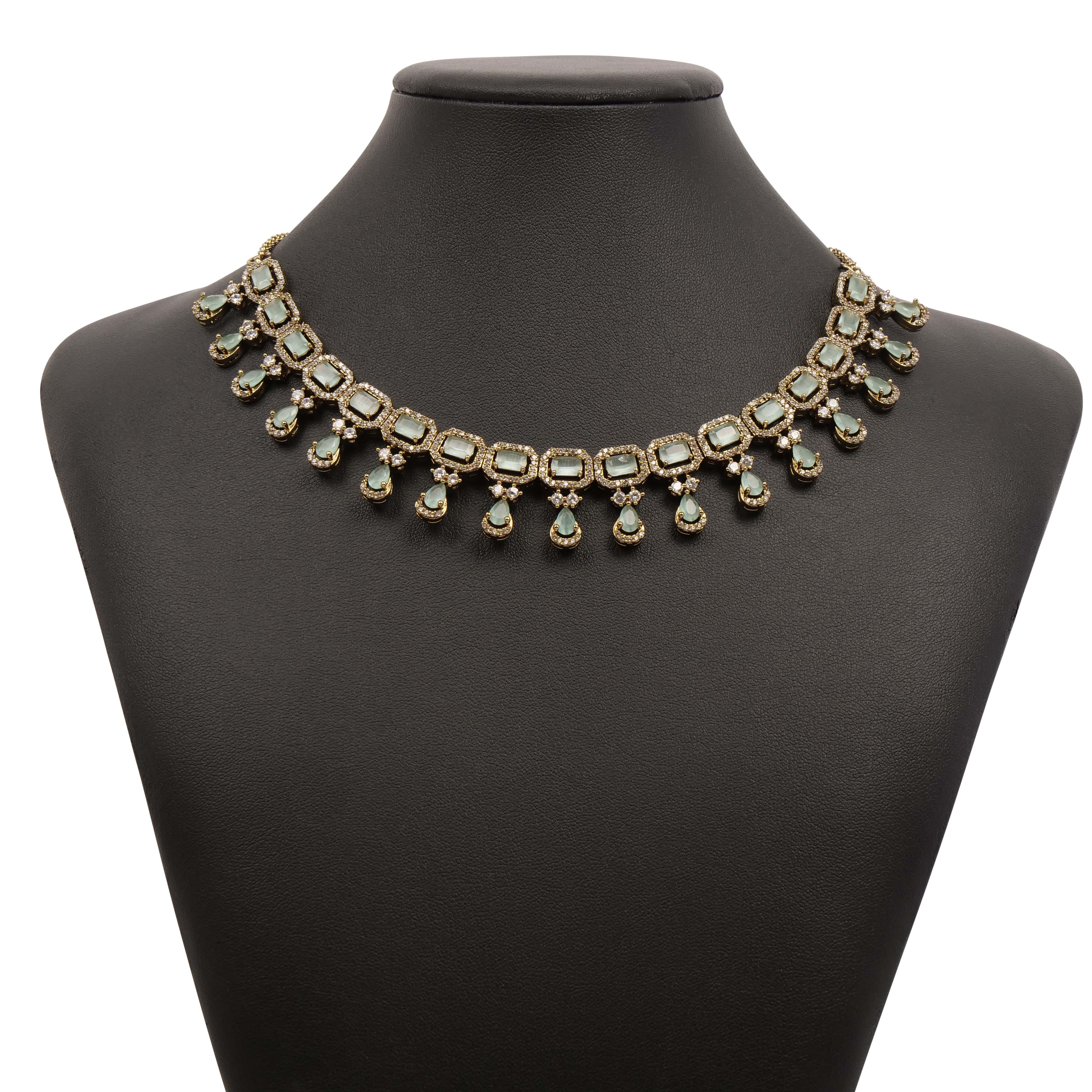 Square Halo Cubic Zirconia Necklace Set in Mint