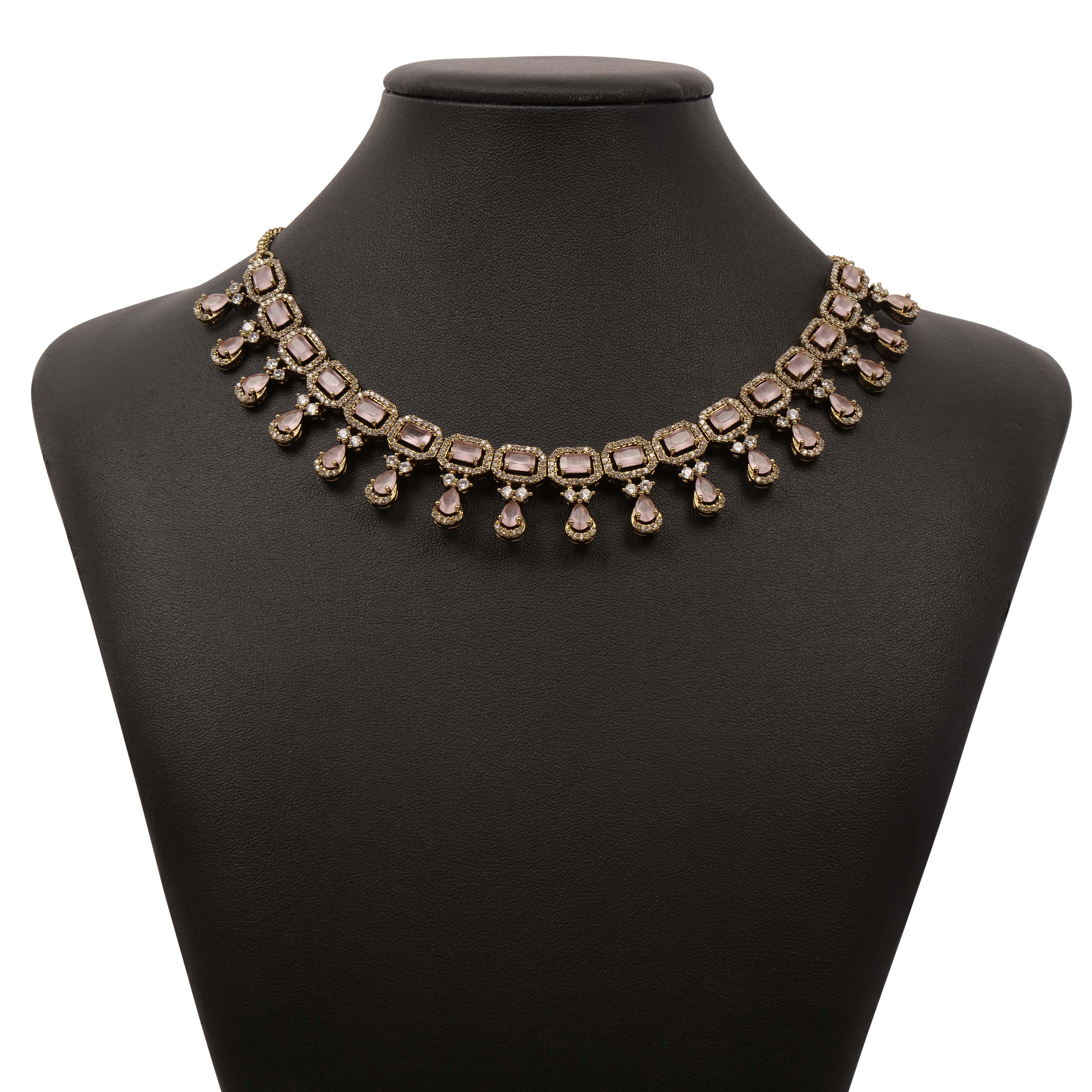 Square Halo Cubic Zirconia Necklace Set in Pink