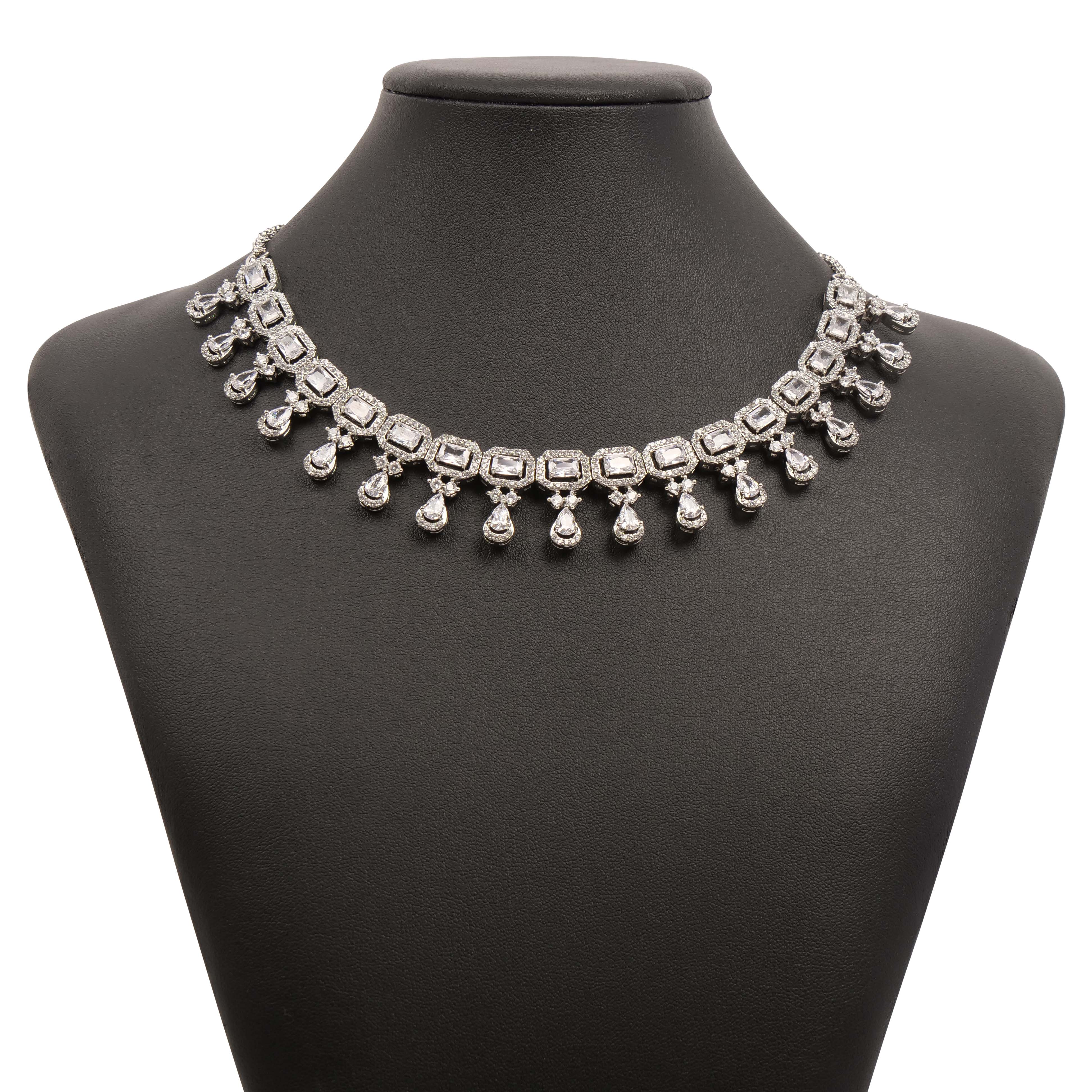 Square Halo Cubic Zirconia Necklace Set in Rhodium