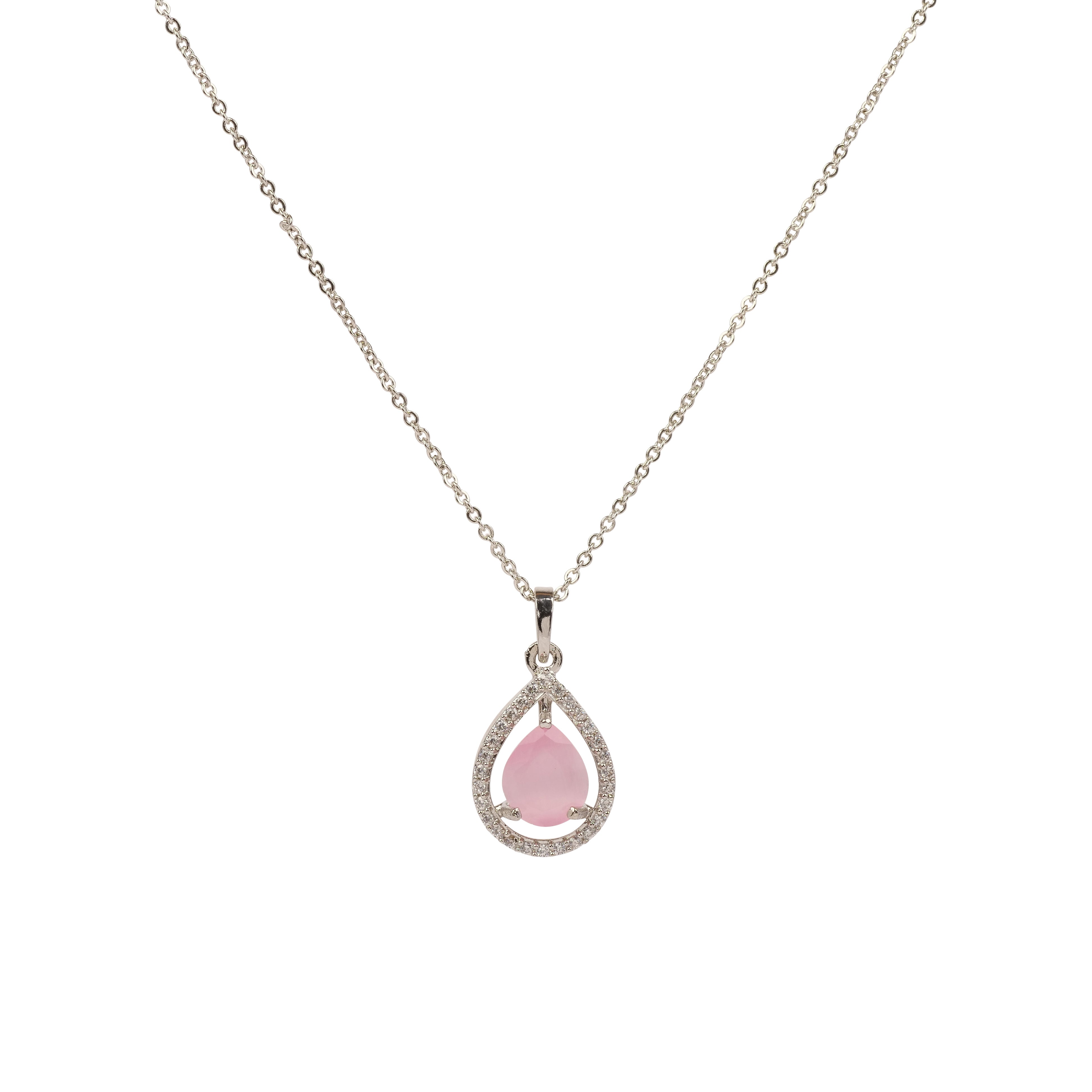 Erin Cubic Zirconia Teardrop Pendant Set in Light Pink and Rhodium