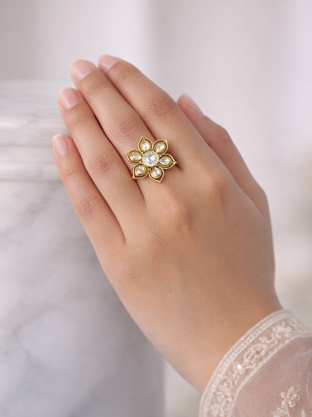 Chameli Kundan Ring in White