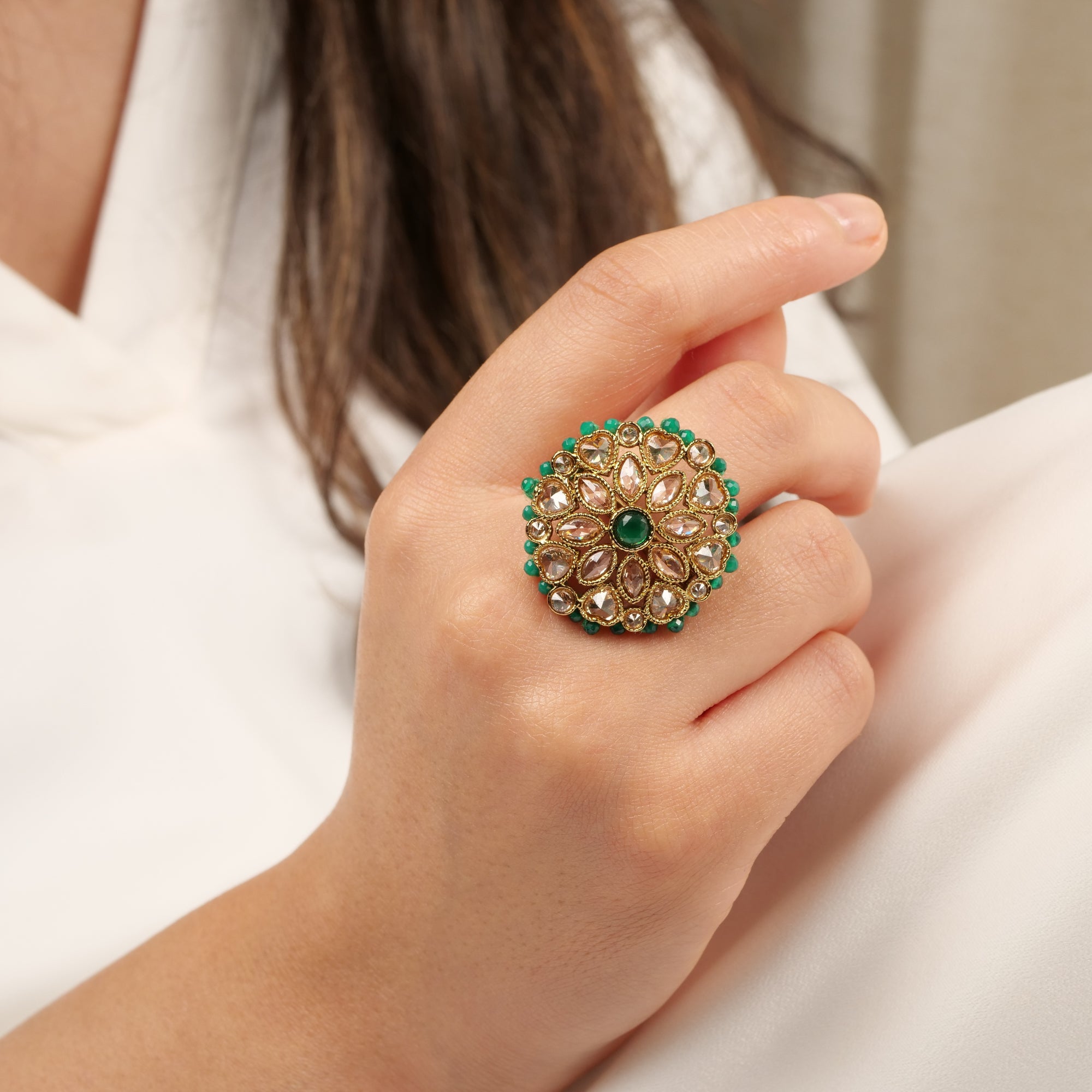 Classic Floral Oversized Ring in Green