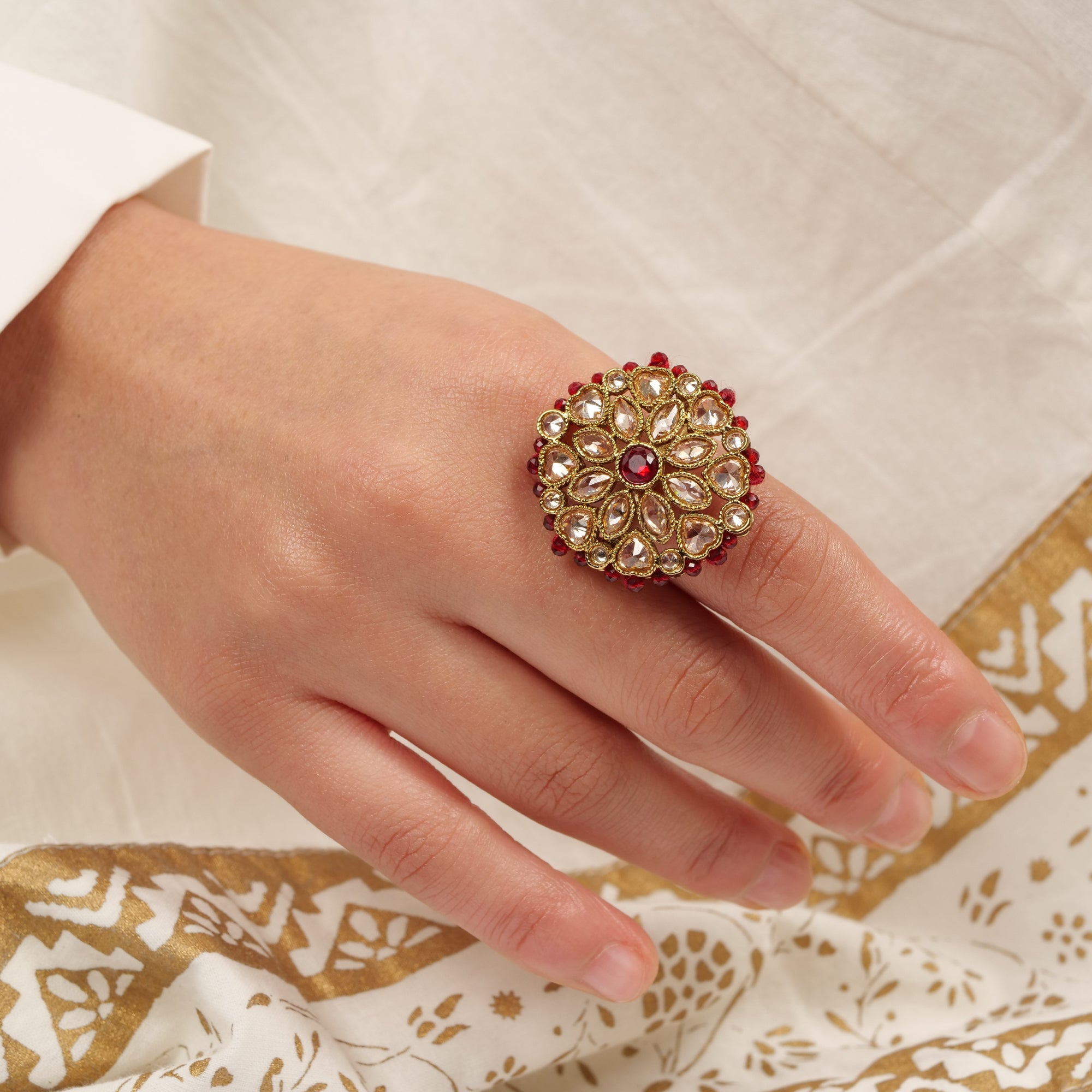 Classic Floral Oversized Ring in Maroon