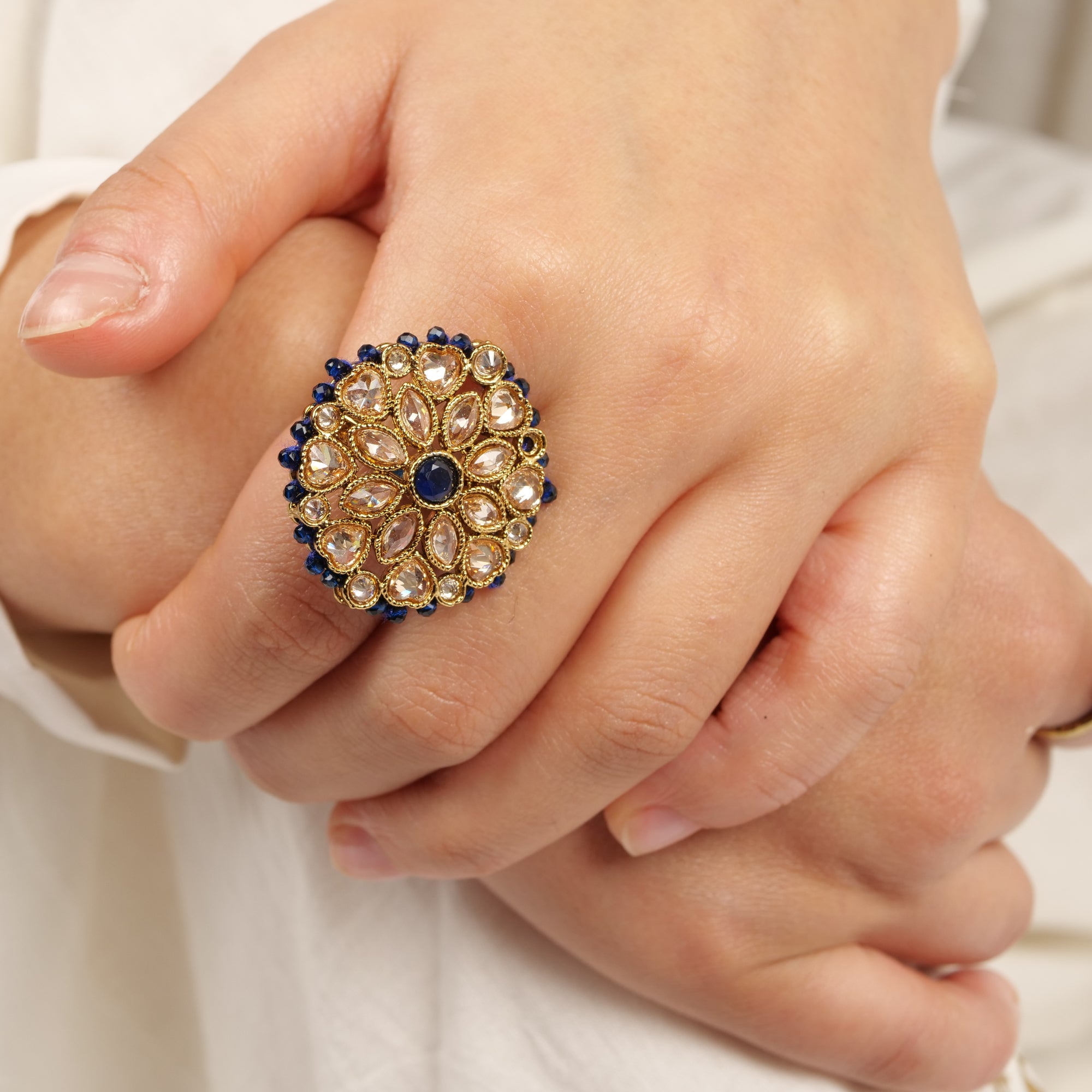 Classic Floral Oversized Ring in Navy