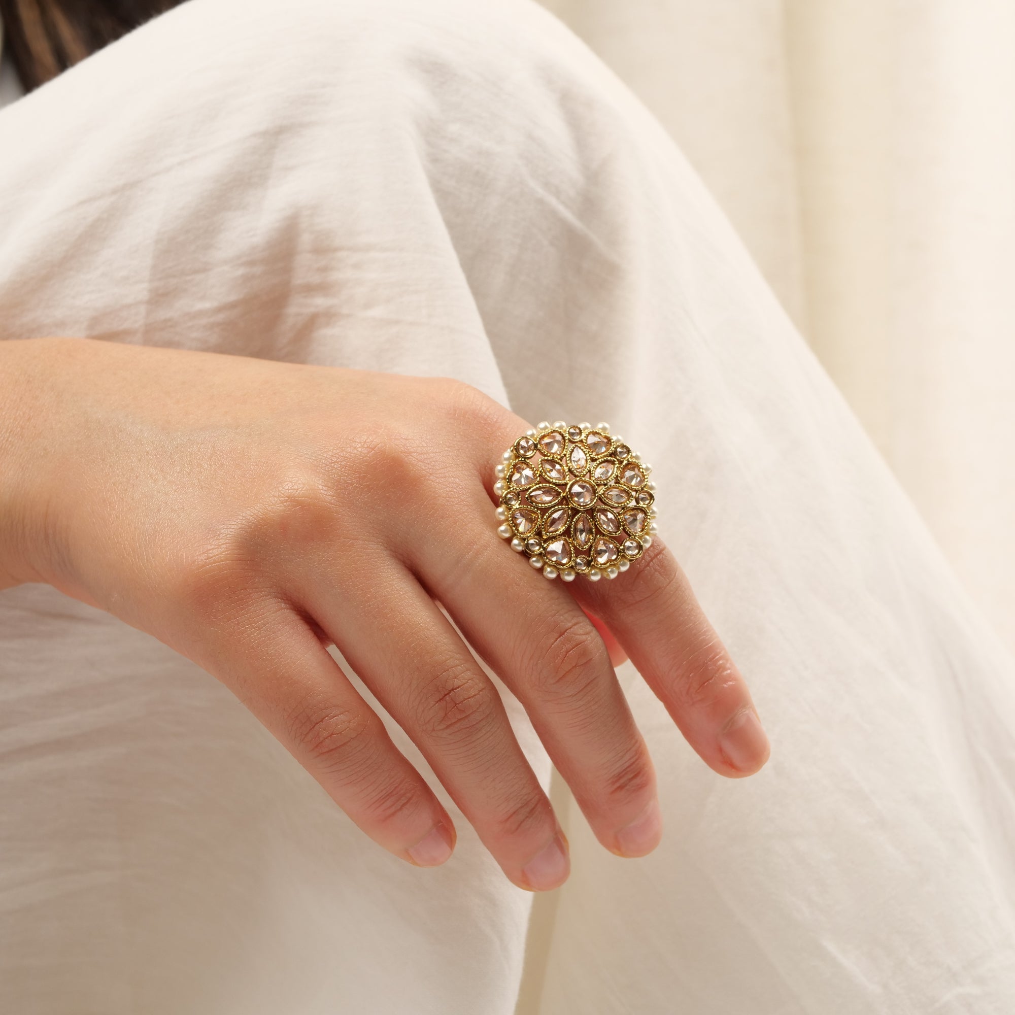 Classic Floral Oversized Ring in Pearl and Antique Gold