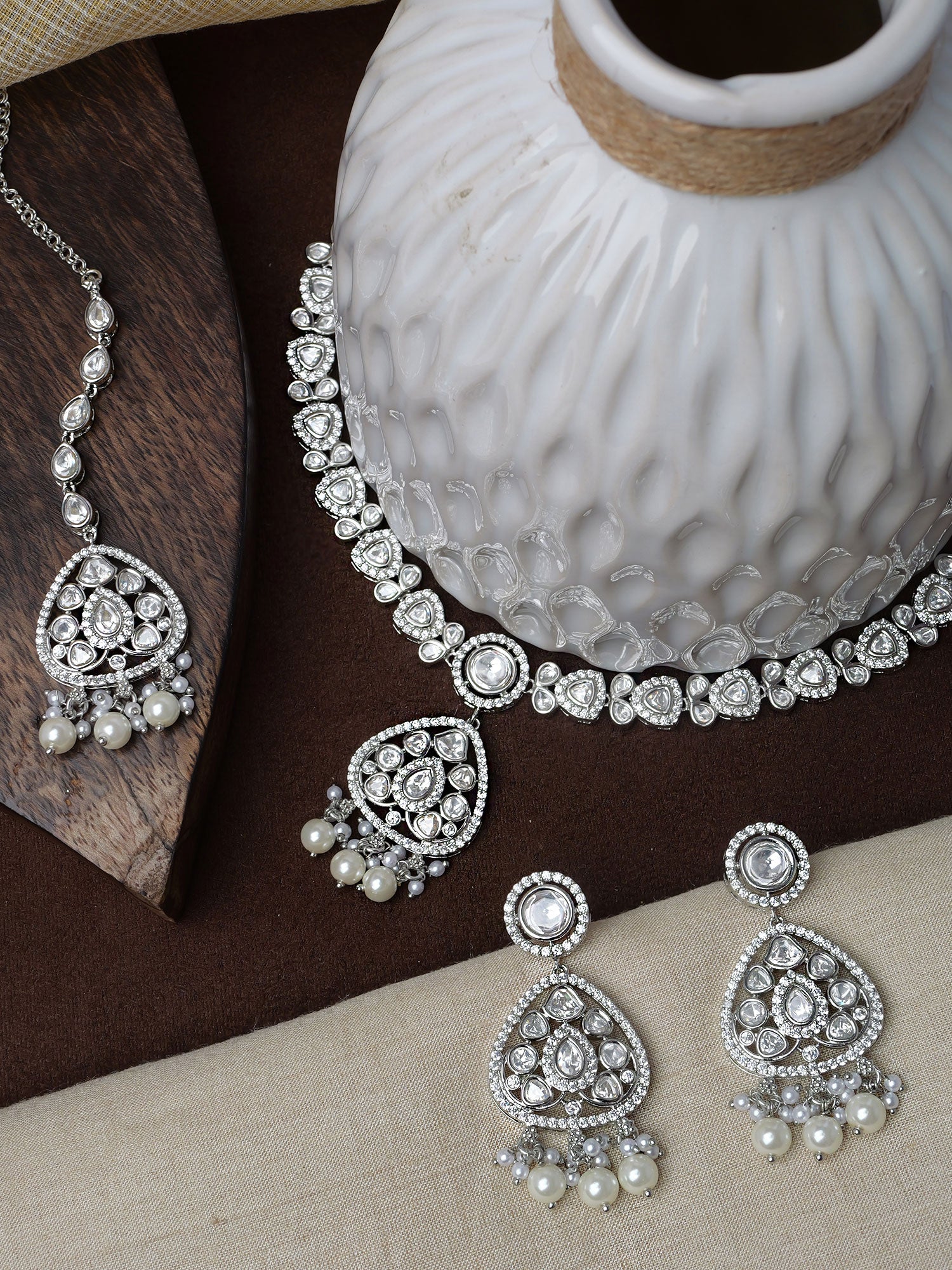 Divya Kundan Necklace Set in Rhodium