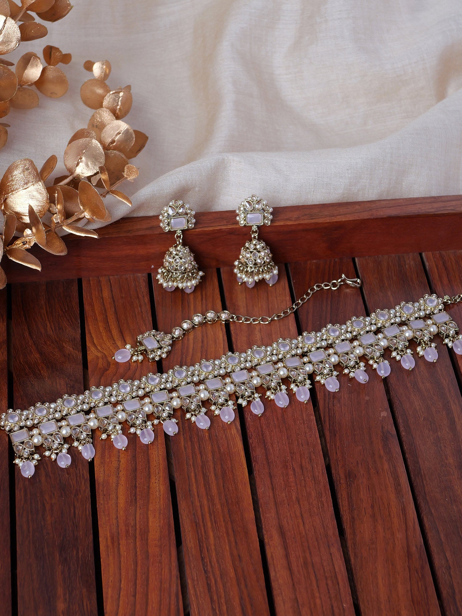 Dulari Necklace Set in Light Pink and Antique Gold