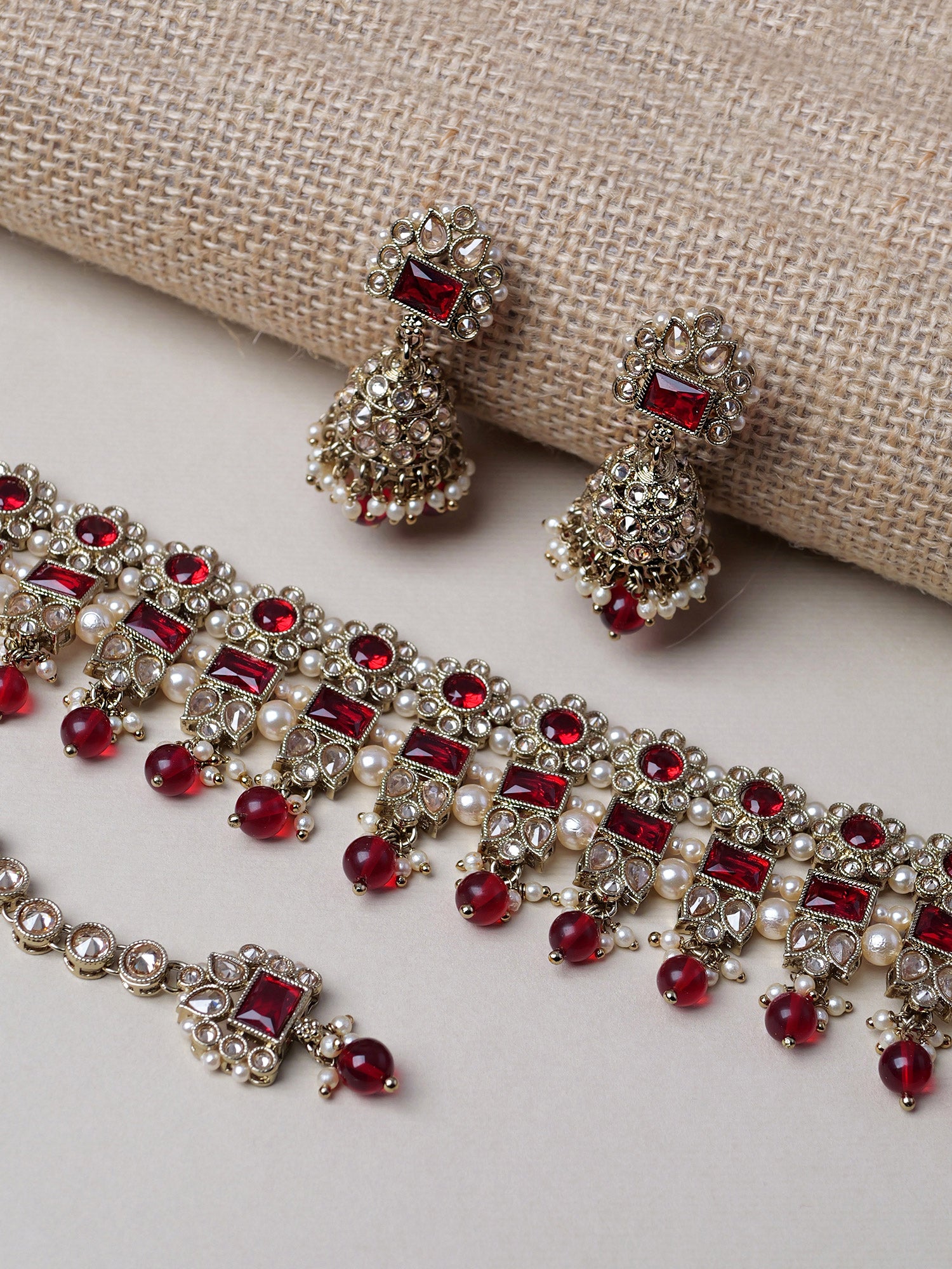 Dulari Necklace Set in Maroon and Antique Gold