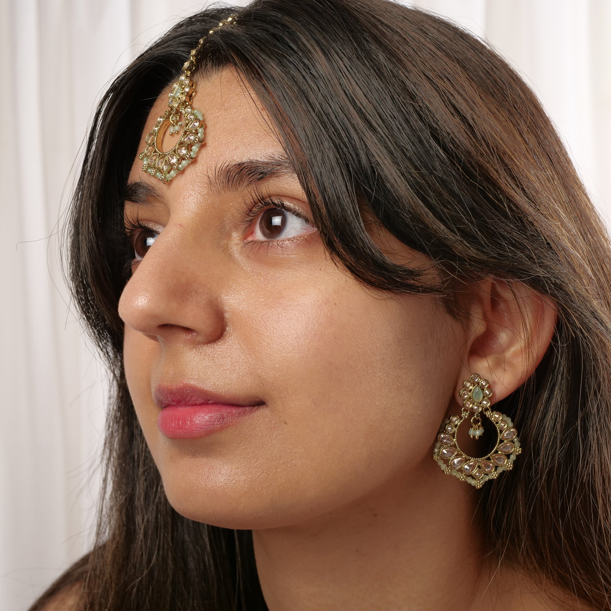 Ethnic Bead-Edge Maang Tikka in Mint