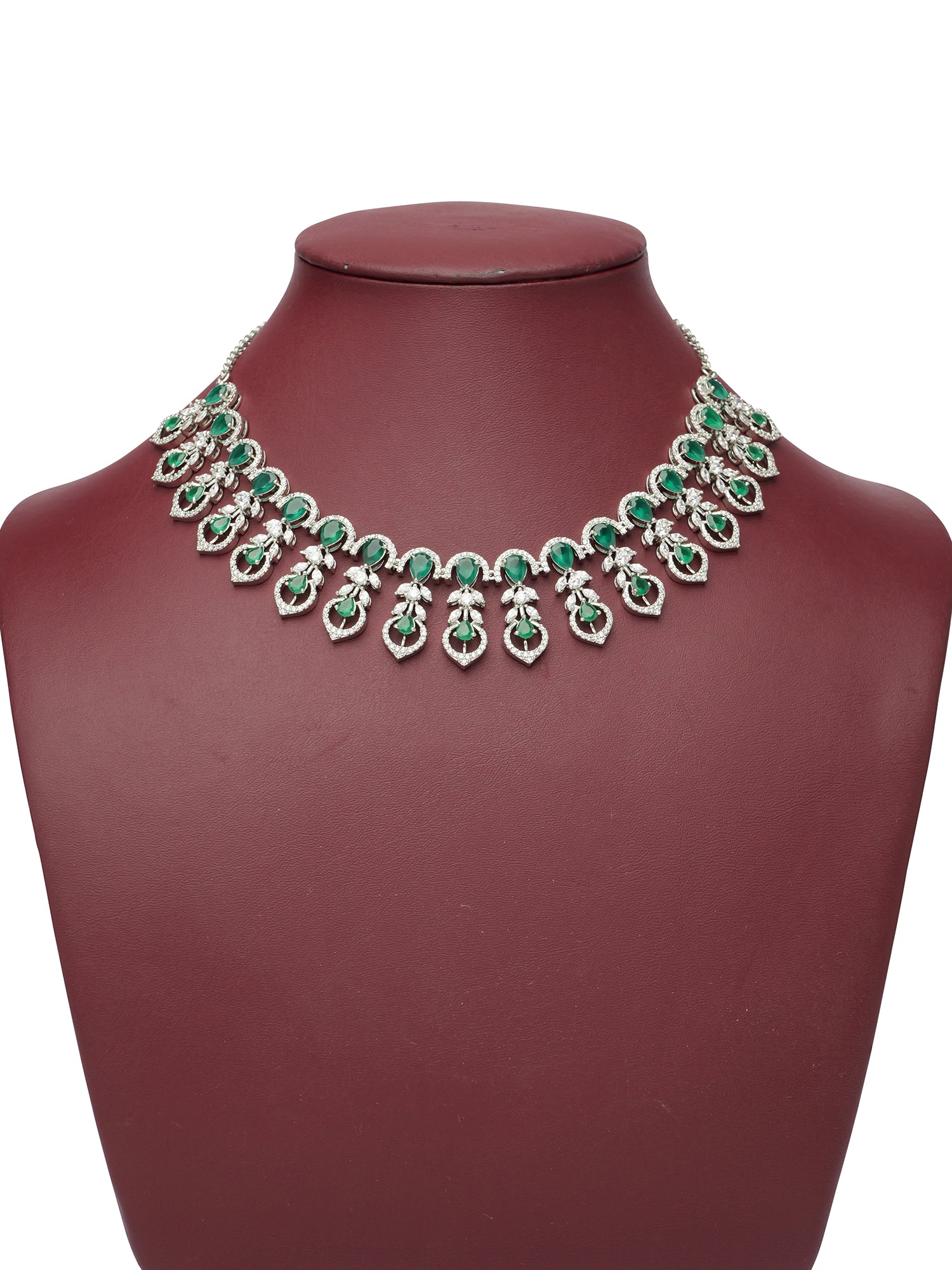 Elara Cubic Zirconia Necklace Set in Green and Rhodium
