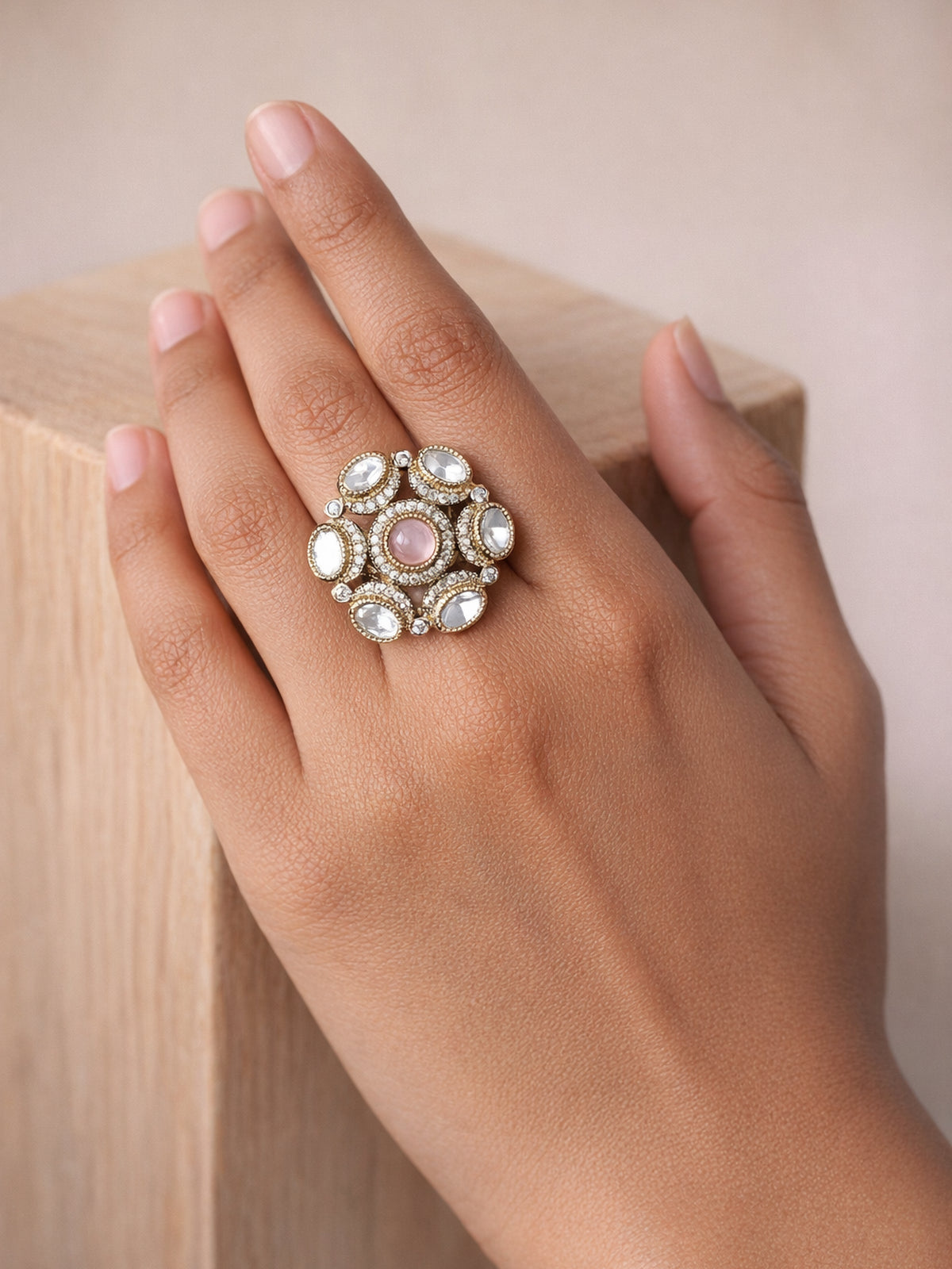Esha Kundan Ring in Light Pink