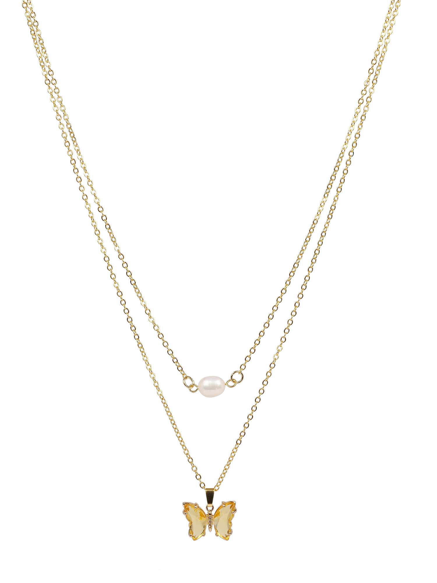 Double Chain Butterfly and Pearl Necklace