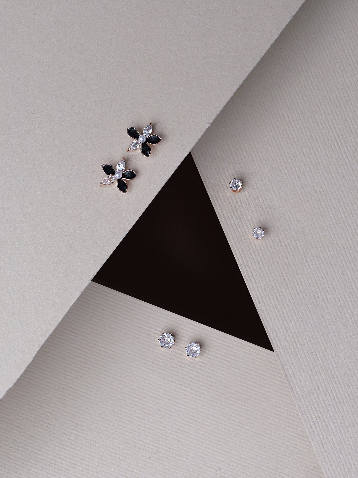 Fern Pack of 3 Stud Earrings in Black and Rose Gold