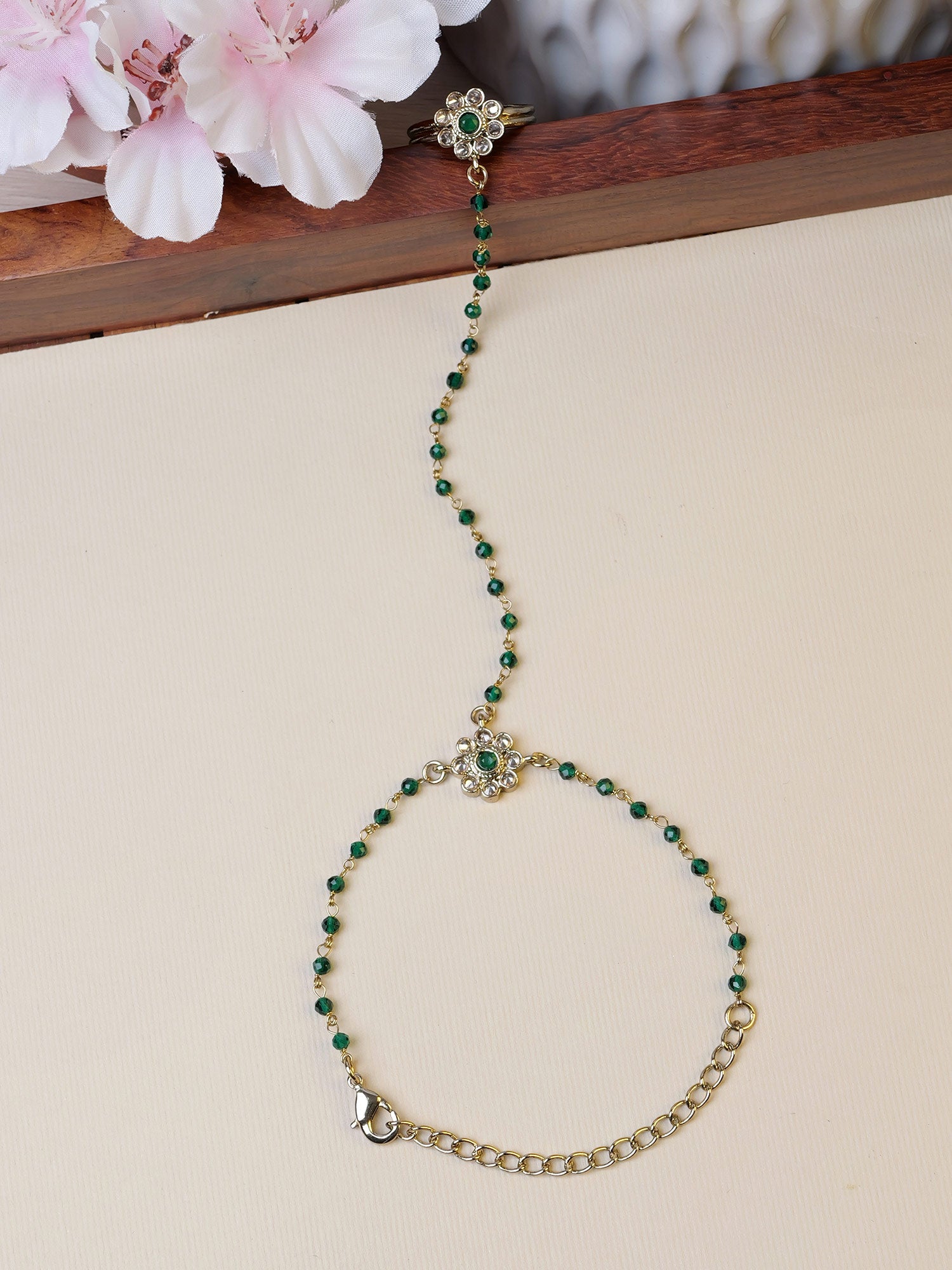 Forever Floral Hand Chain in Green and Antique Gold