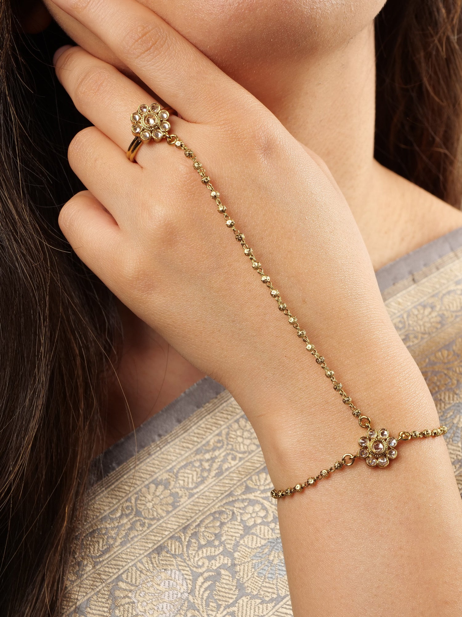 Forever Floral Hand Chain in Champagne and Antique Gold