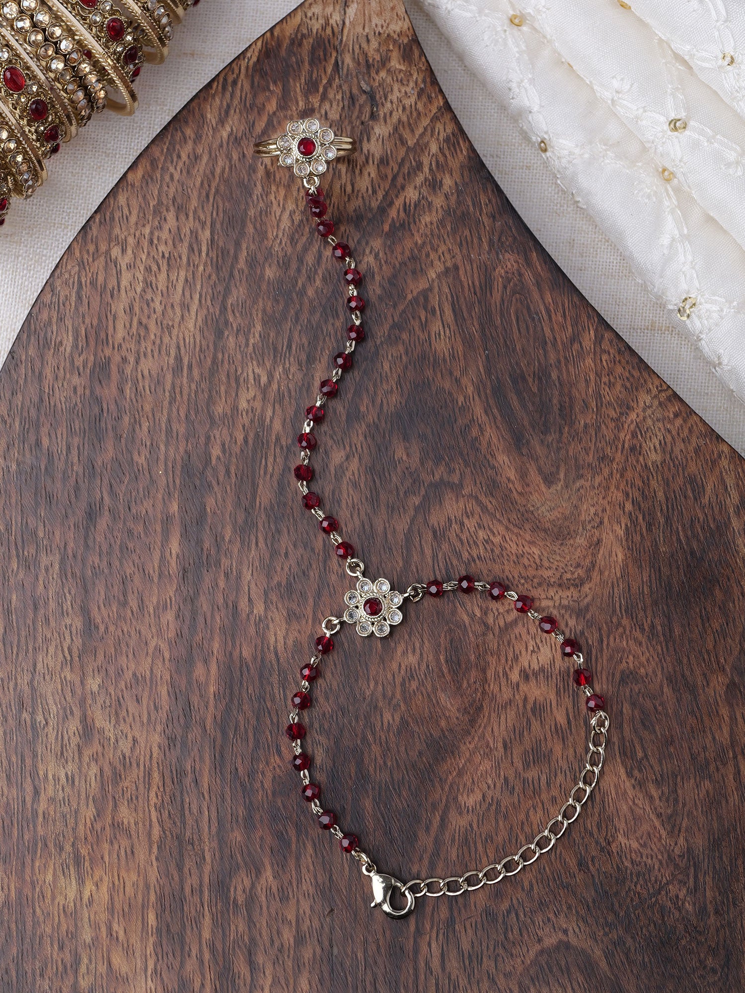 Forever Floral Hand Chain in Maroon and Antique Gold